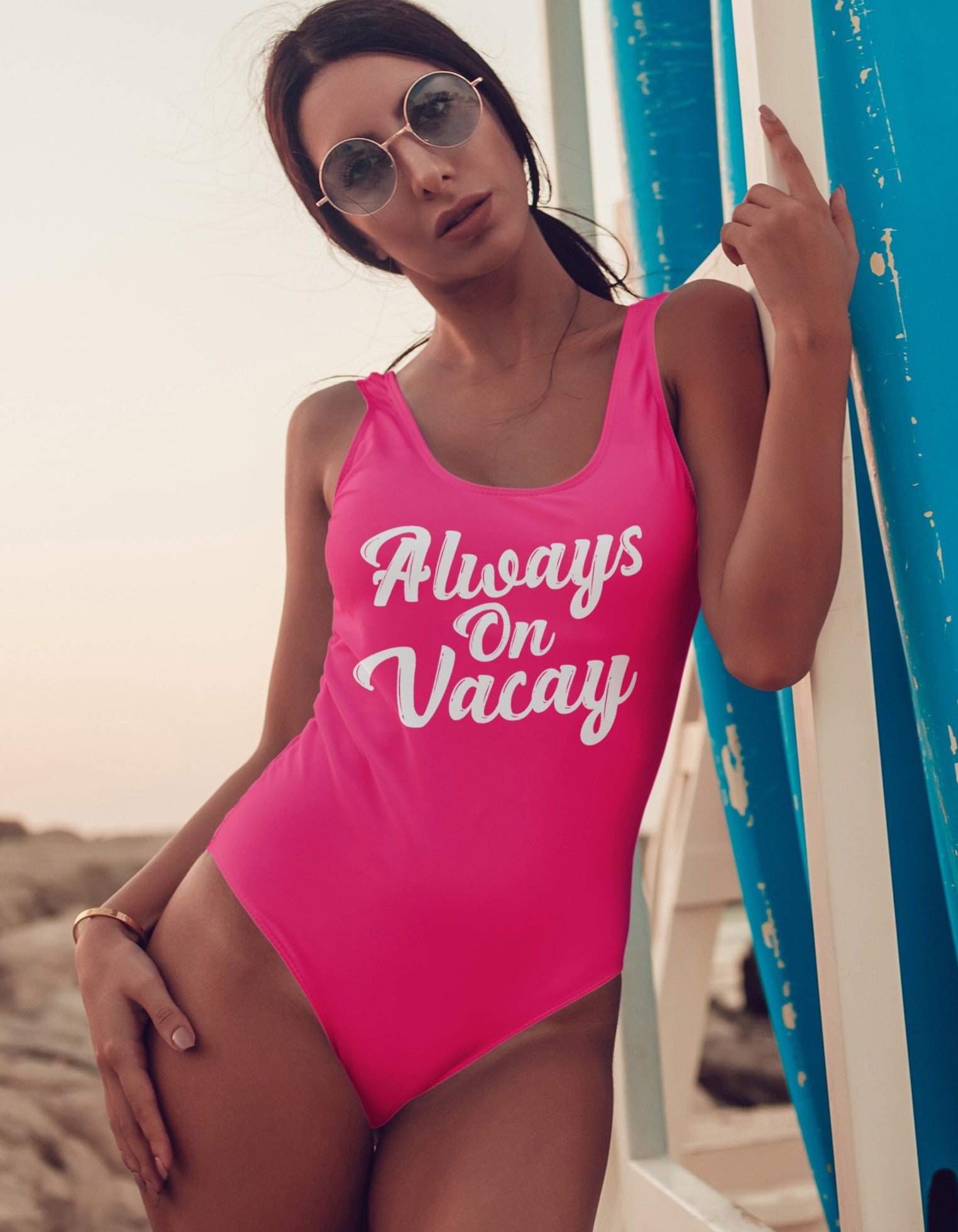 Hot pink swimsuit saying always on vacay - HighCiti