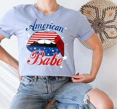 baby blue shirt with usa lip that says american babe - HighCiti