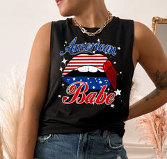 Black muscle tank with america lip that says american babe - HighCiti