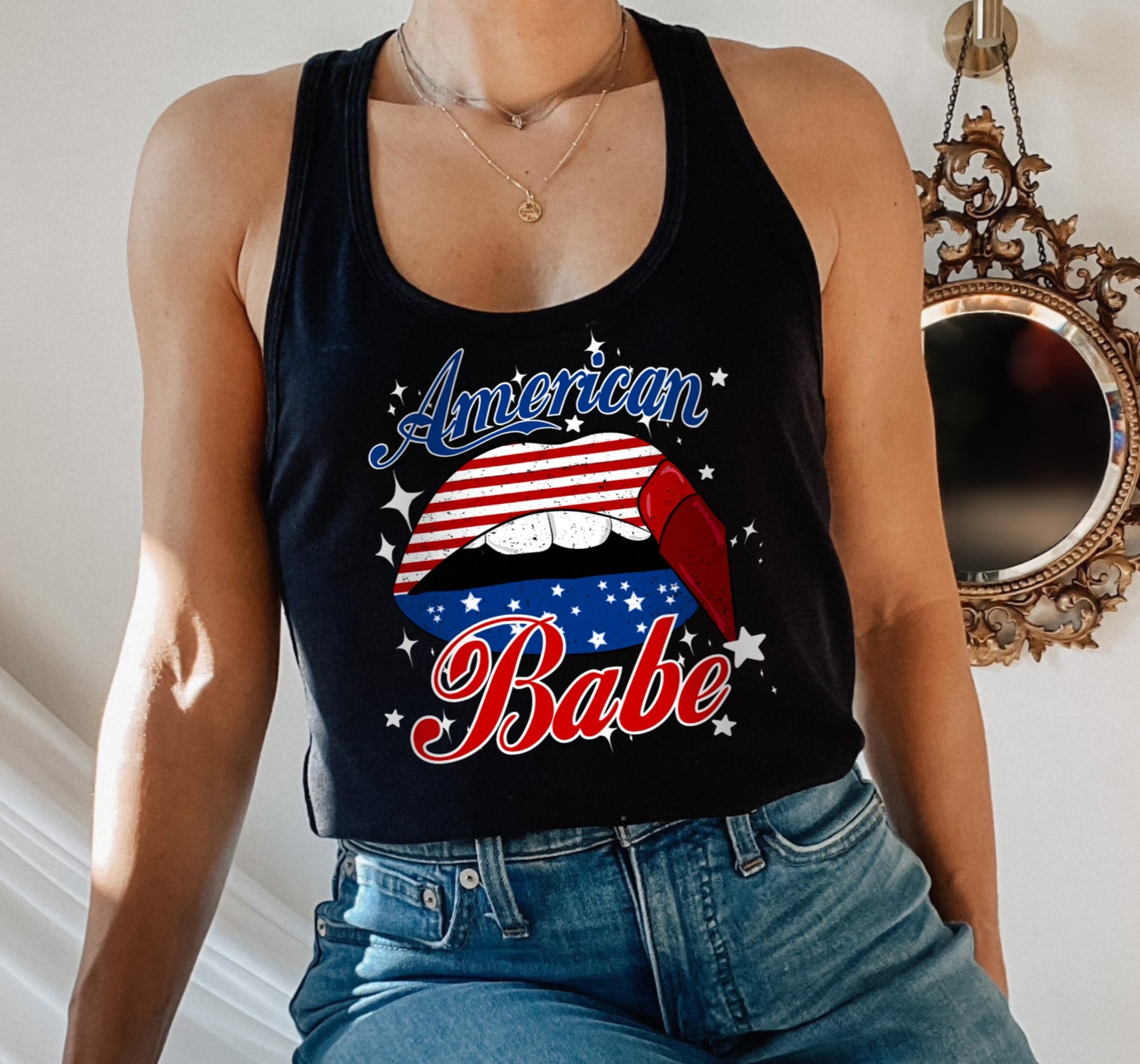 black tank top with america lip that says american babe - HighCiti