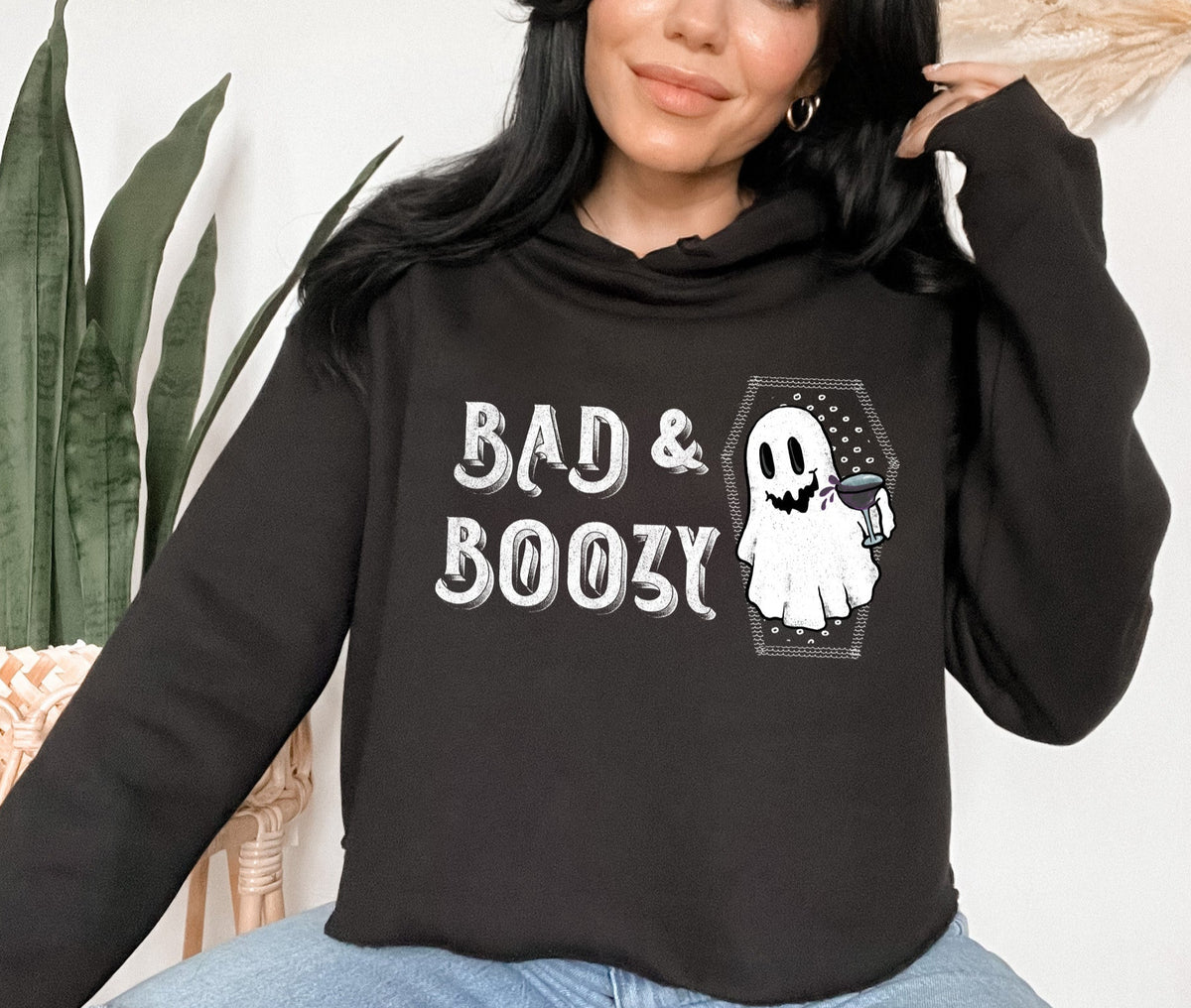 black crop hoodie with a ghost drinking that says bad and boozy - HighCiti