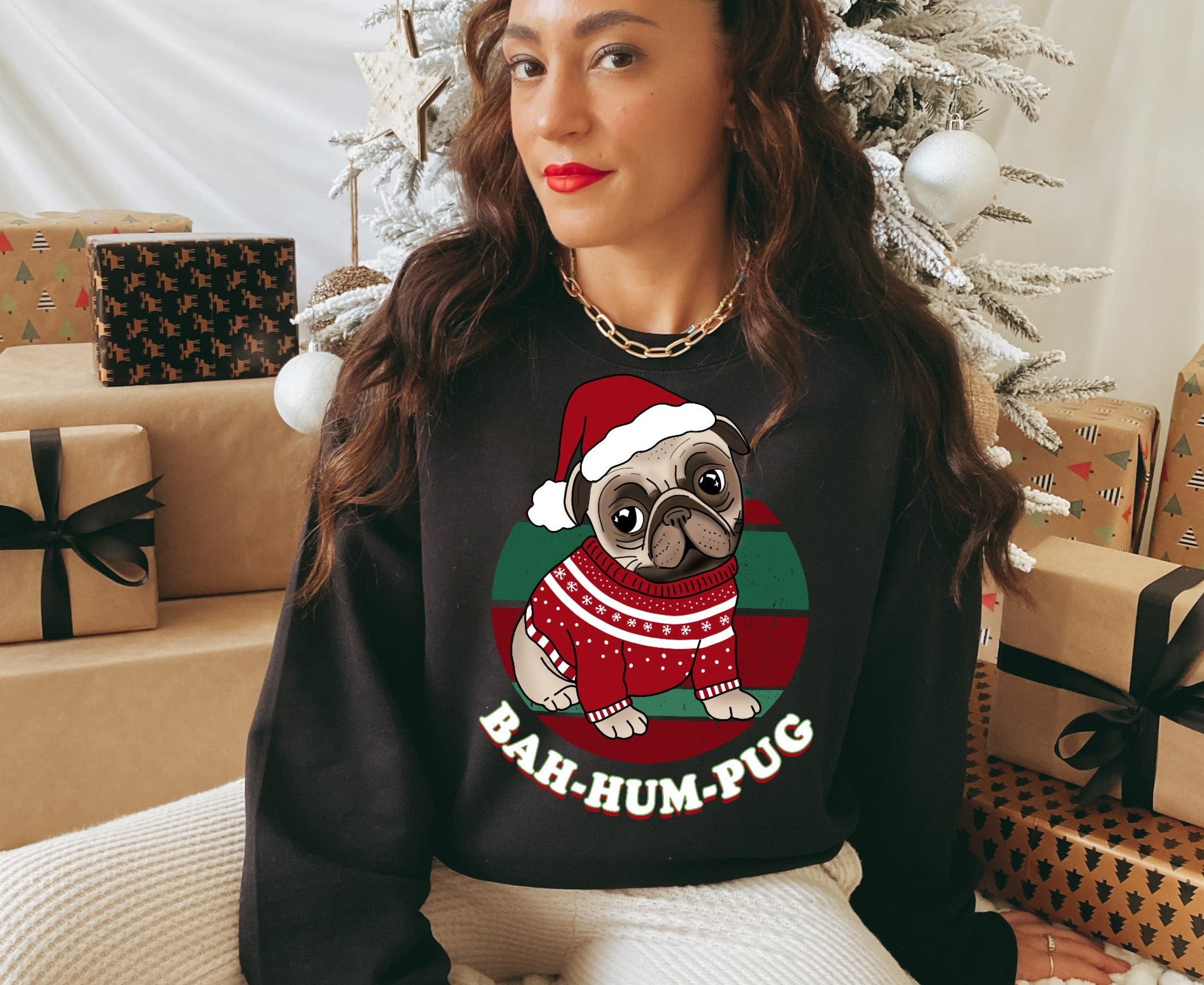 black sweater with a french bulldog that says bah hum pug - HighCiti