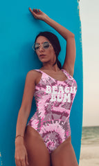 Pink tie dye swimsuit that says beach bum - HighCiti