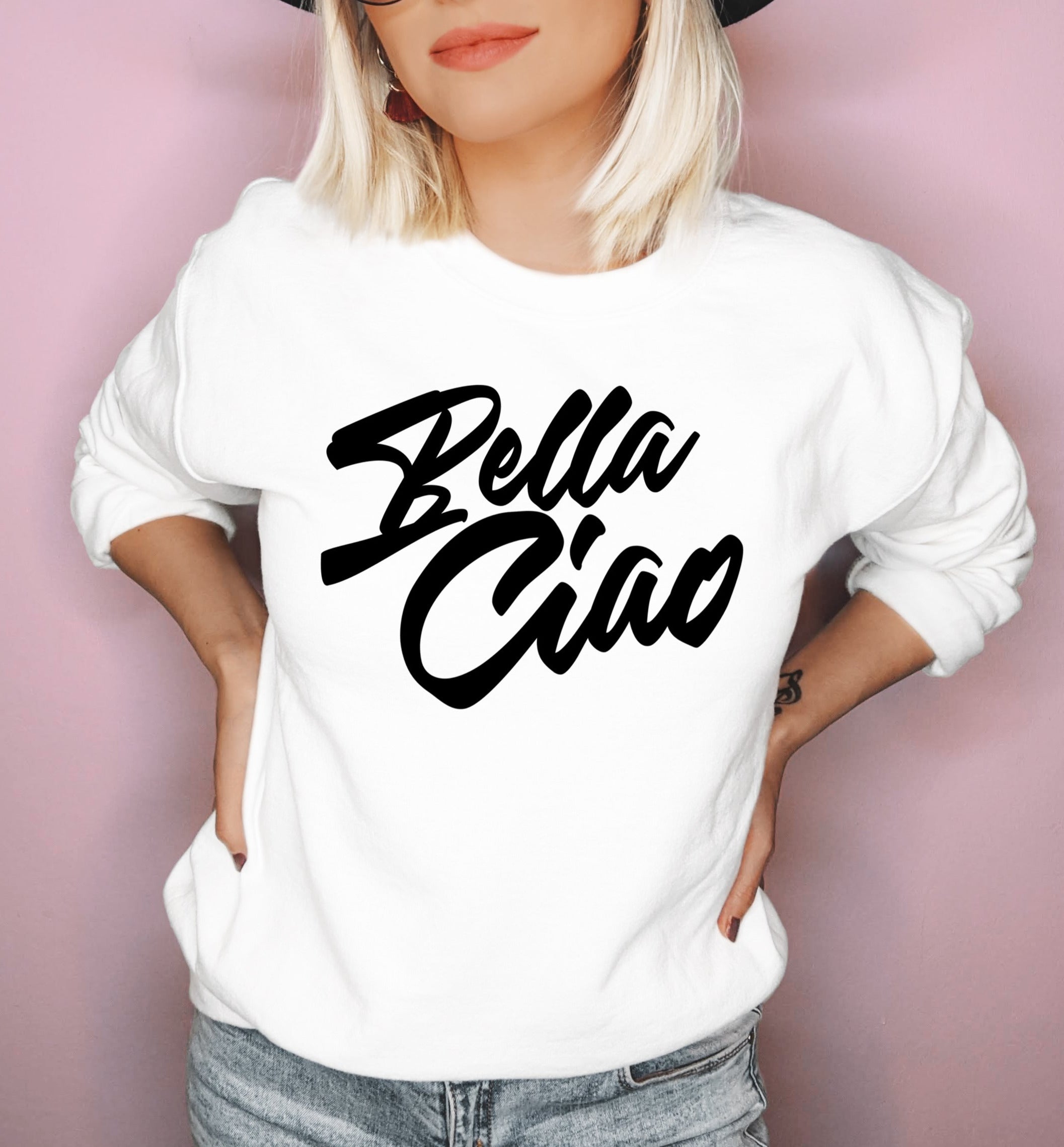 White sweatshirt saying bella ciao