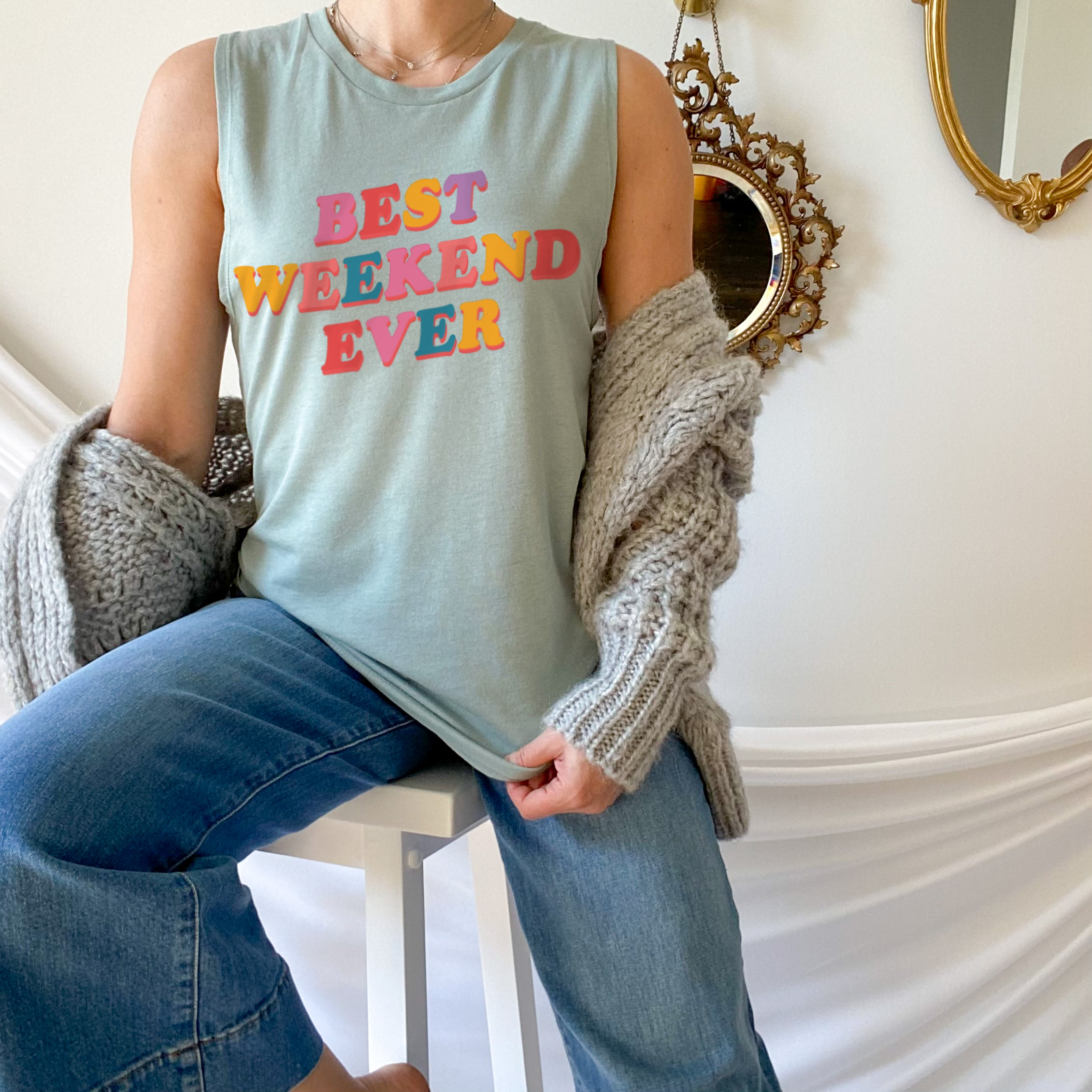 dusty blue muscle tank that says best weekend ever - HighCiti