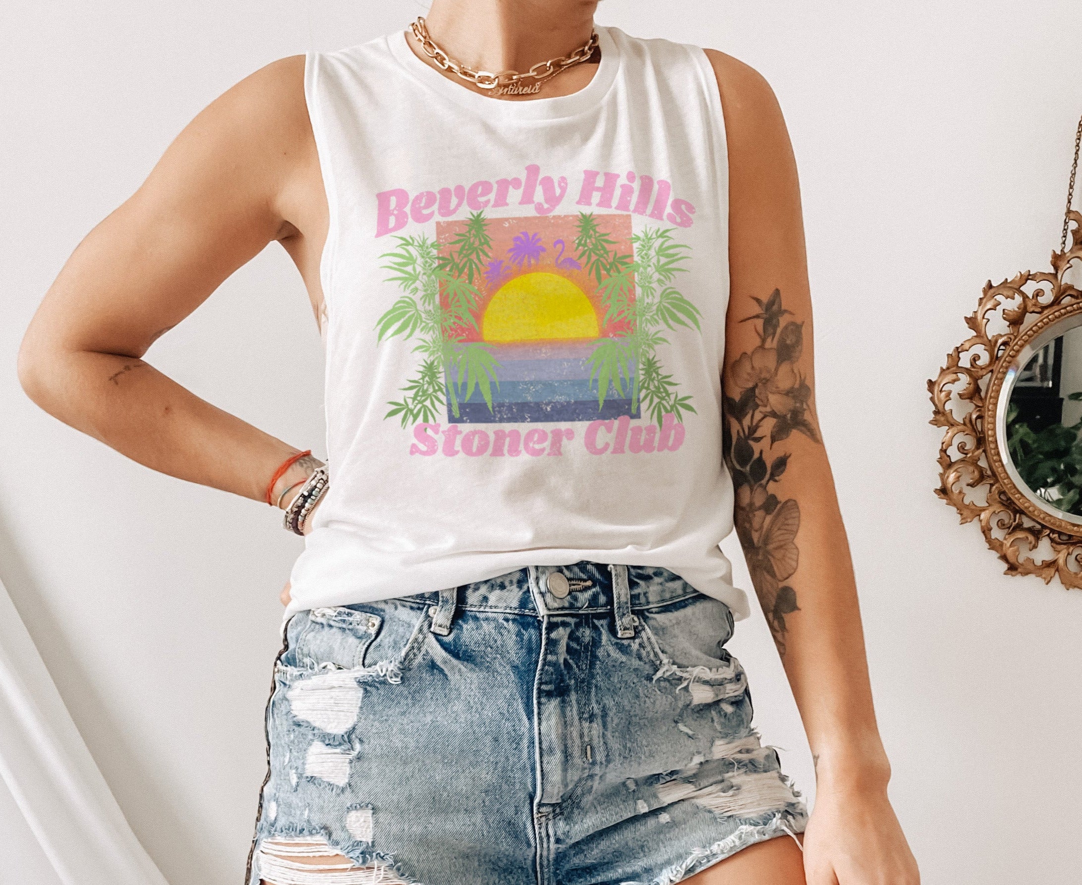 white muscle tank that says beverly hills stoner club - HighCiti
