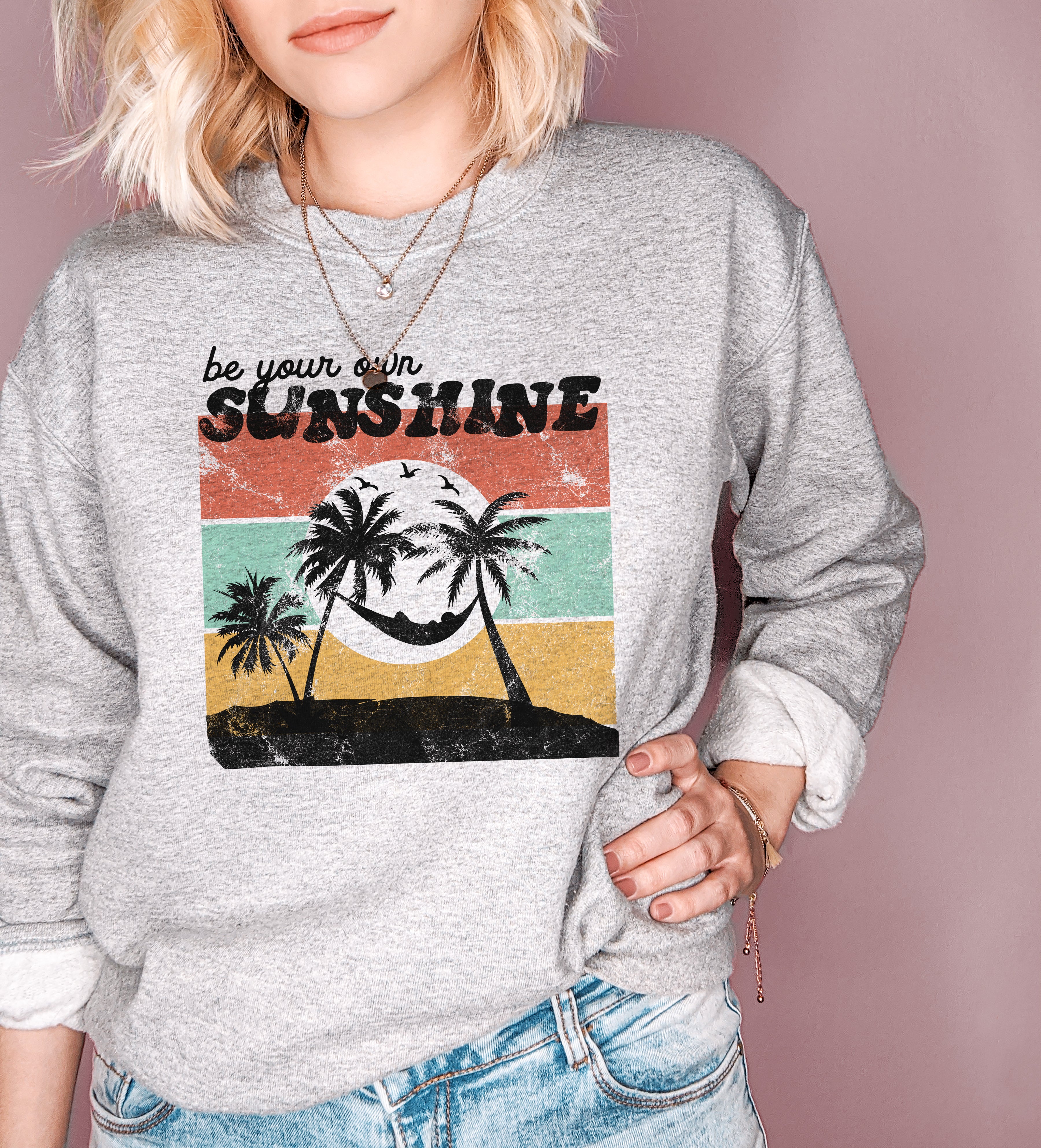 Grey sweatshirt with palm trees that says be your own sunshine - HighCiti