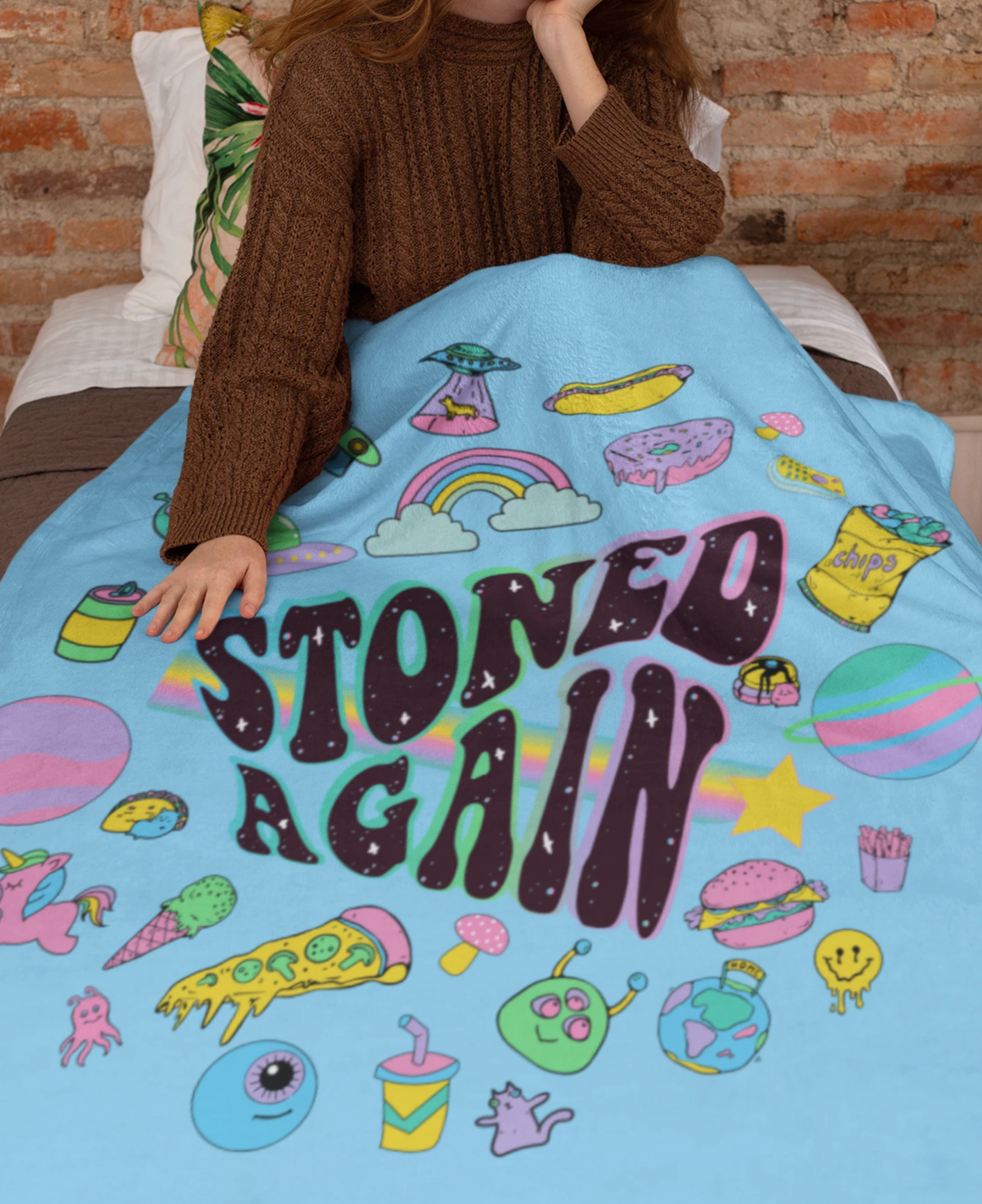 Light blue blanket with stoner weed art work saying stoned again - HighCiti