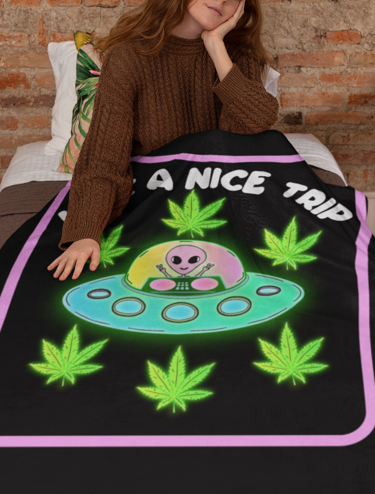 Black throw blanket with an alien and weed leaf saying have a nice trip - HighCiti