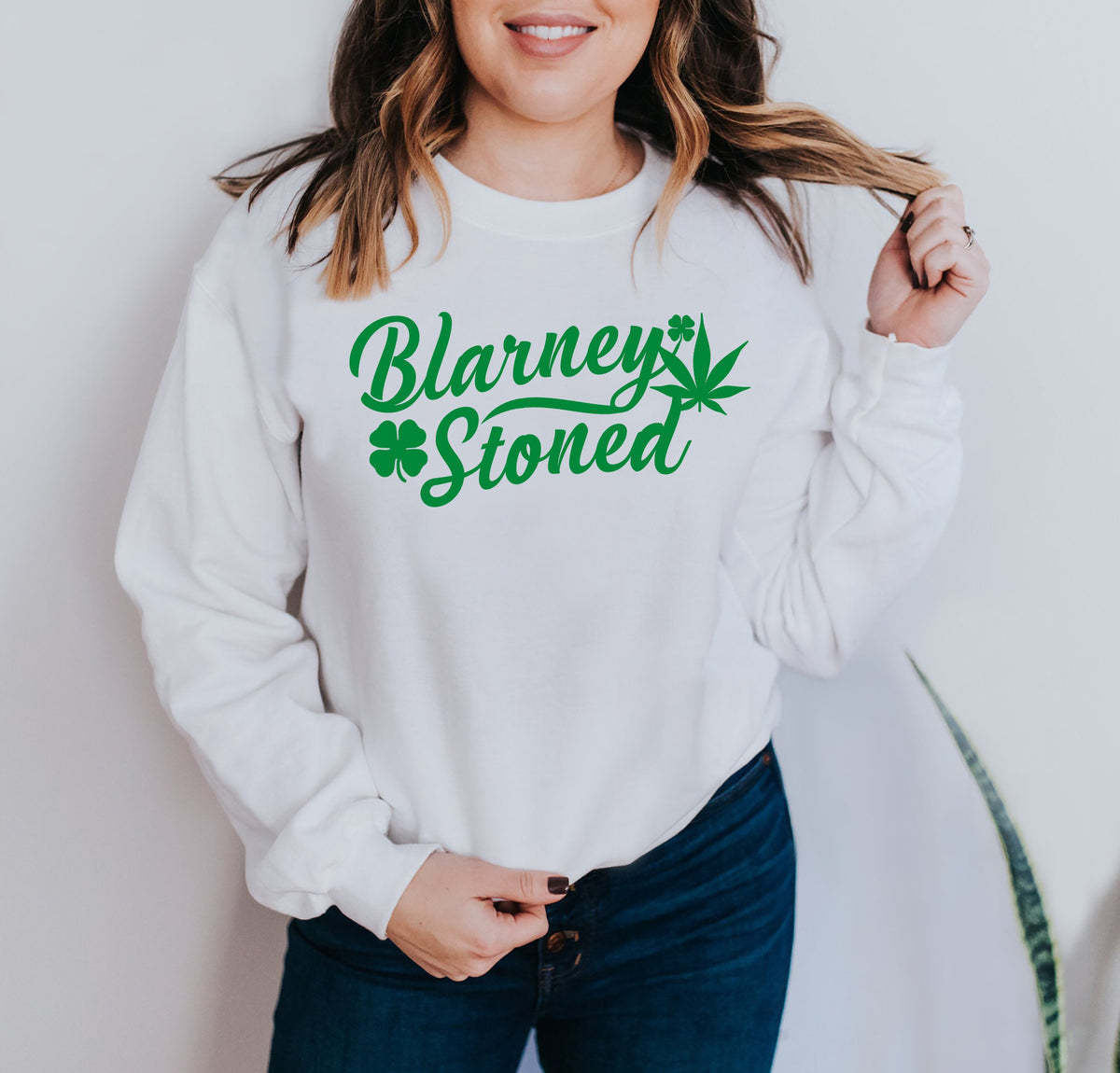White sweatshirt that says blarney stoned - HighCiti