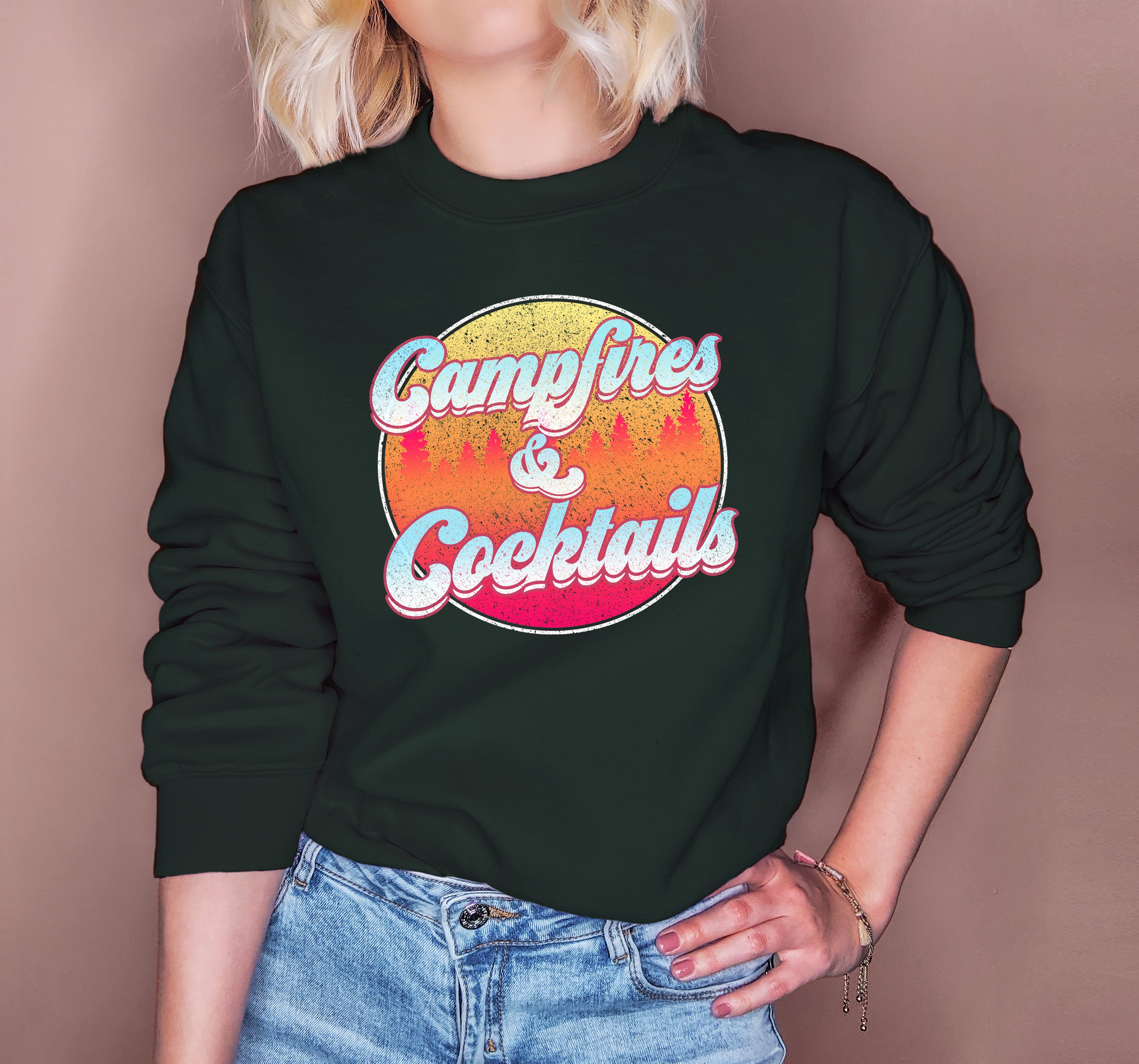 Forest sweatshirt with a retro graphic that says campfires and cocktails - HighCiti