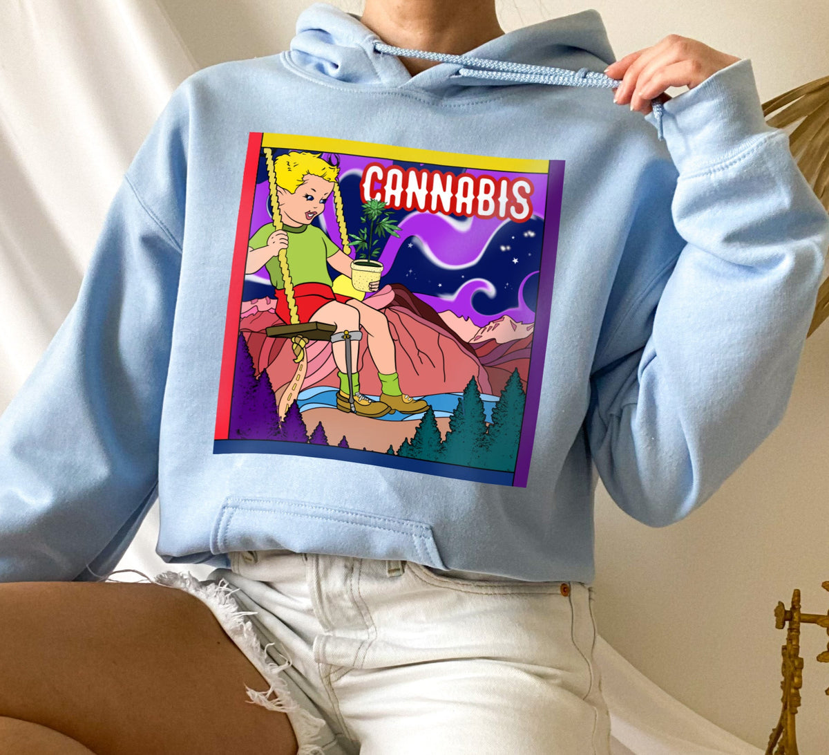 light blue hoodie with a cannabis plant - HighCiti