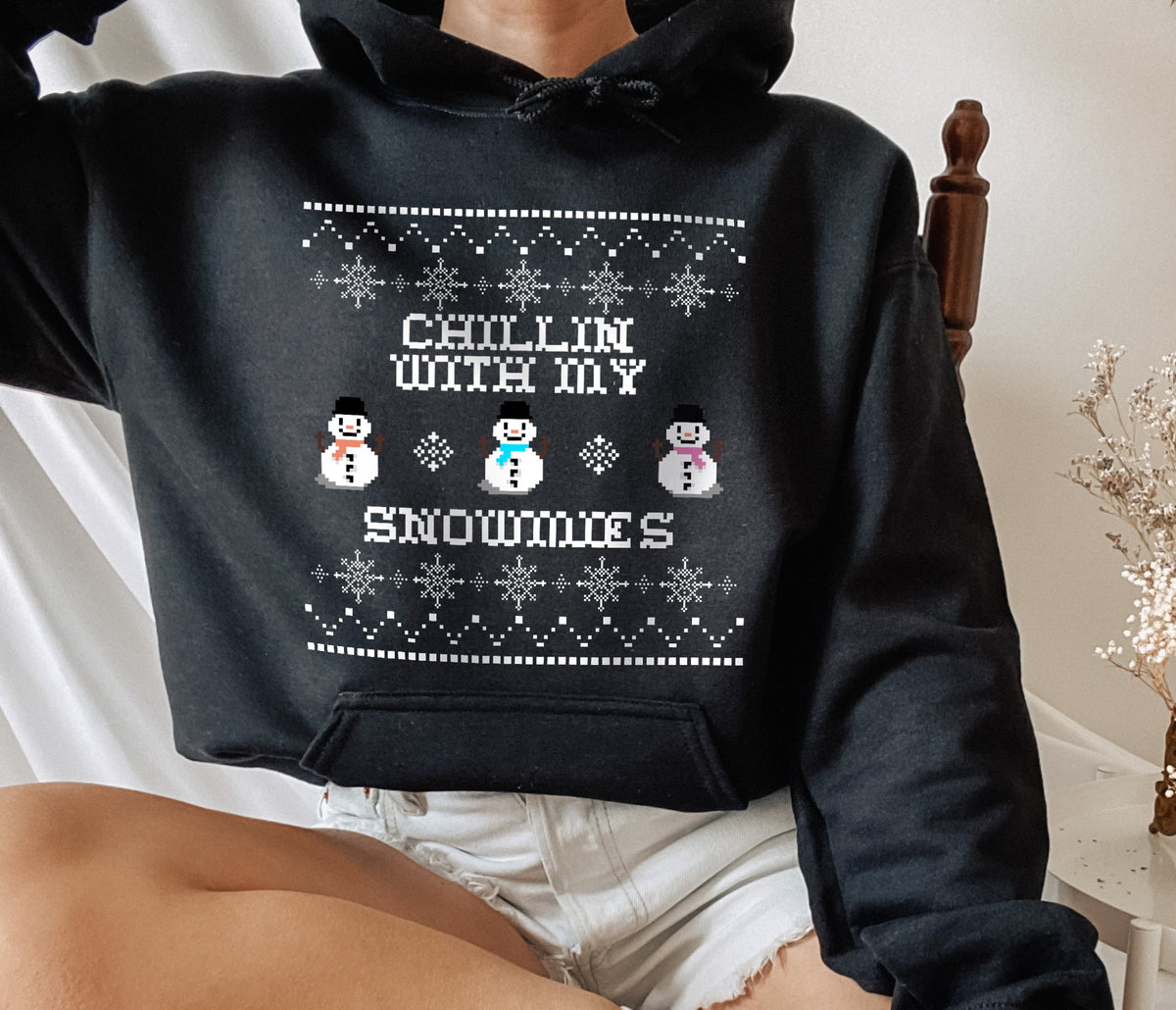 black hoodie with a snowman that says chillin with my snowmies - HighCiti