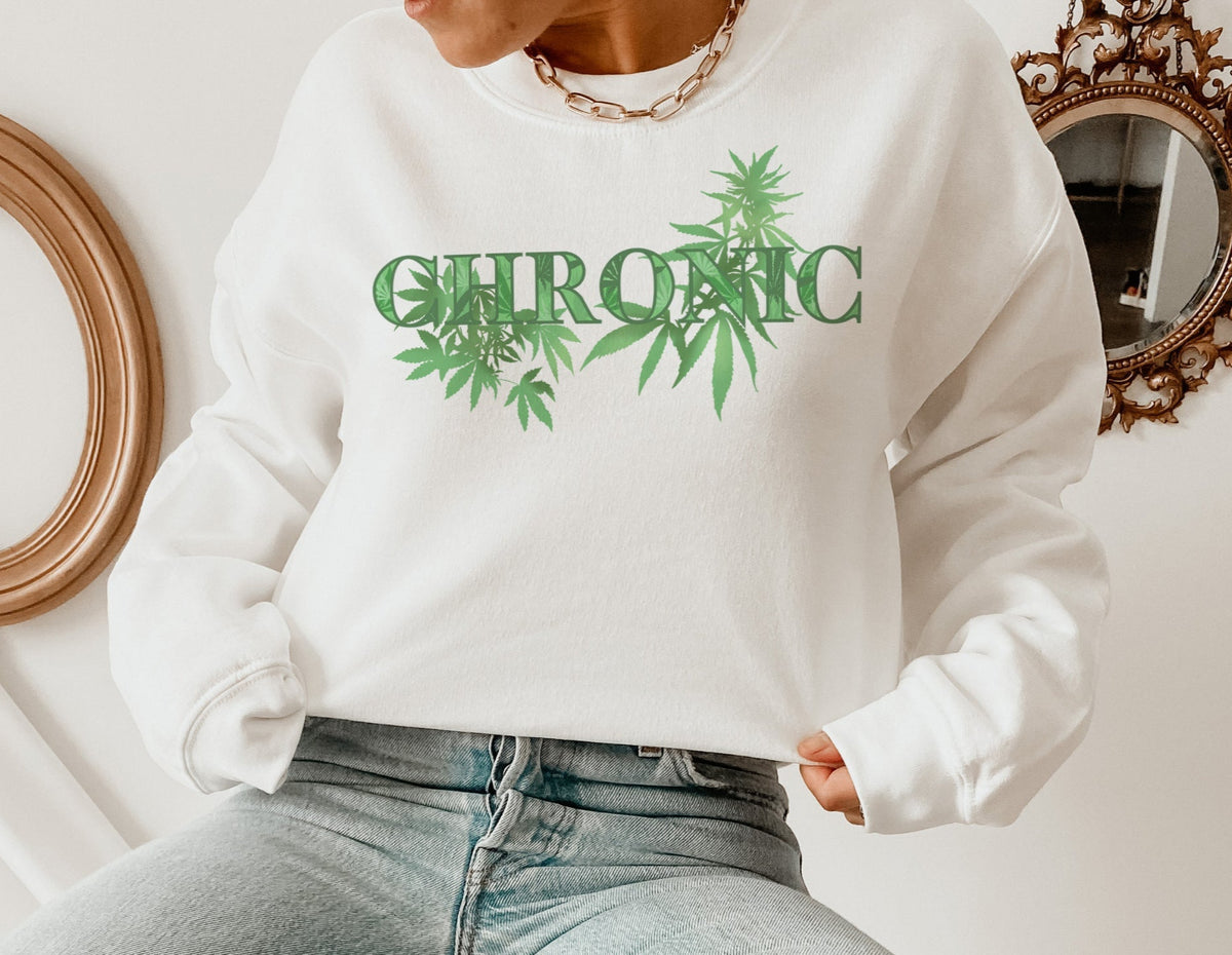 white sweater with cannabis leaf that says chronic - HighCiti