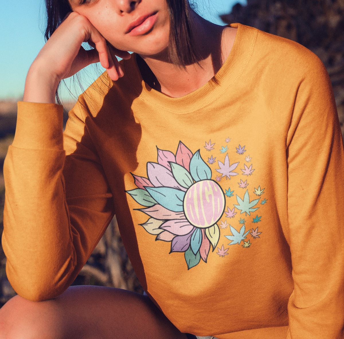 Gold sweatshirt with a sunflower and weed leaf saying high - HighCiti