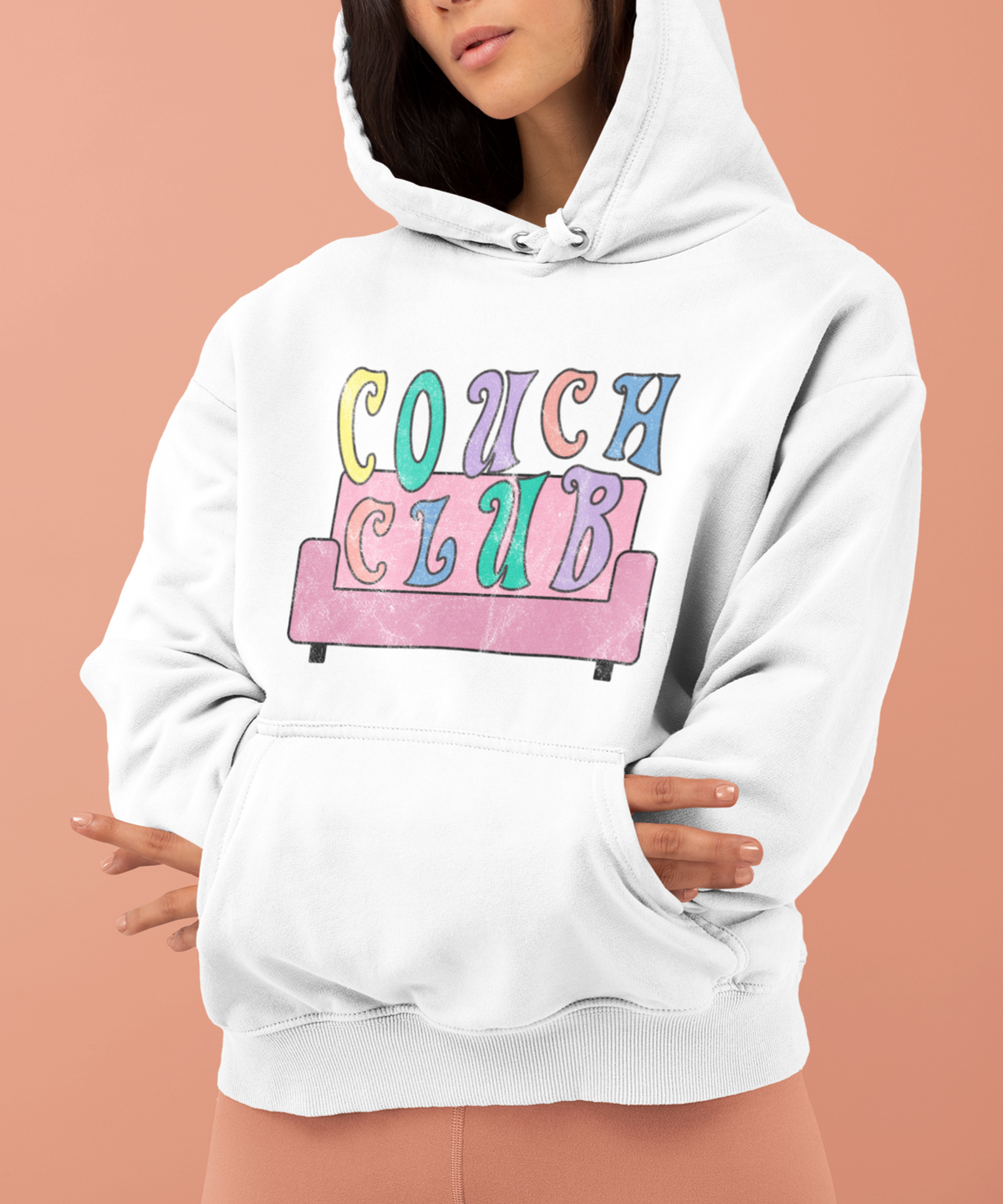 White hoodie with a couch that says couch club - HighCiti