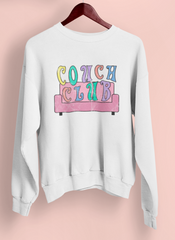 White sweatshirt with a couch that says couch club - HighCiti