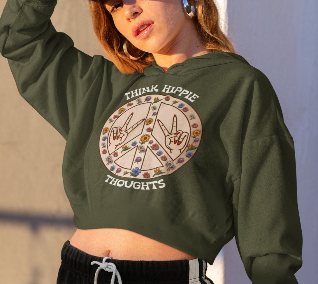 Military crop hoodie with a floral peace sign saying think hippie thoughts - HighCiti