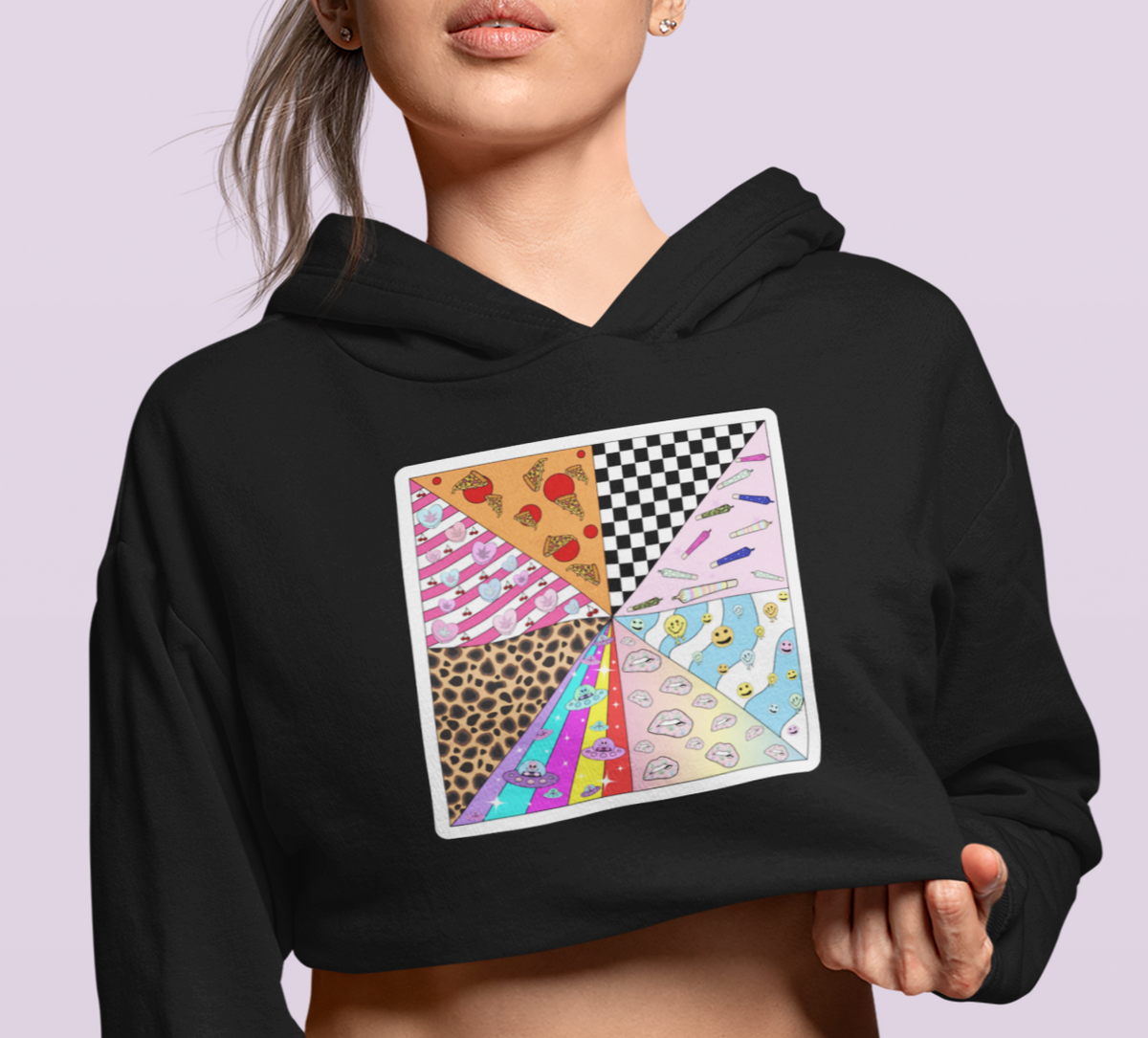Black crop hoodie with trippy stoner alien smiley face - HighCiti