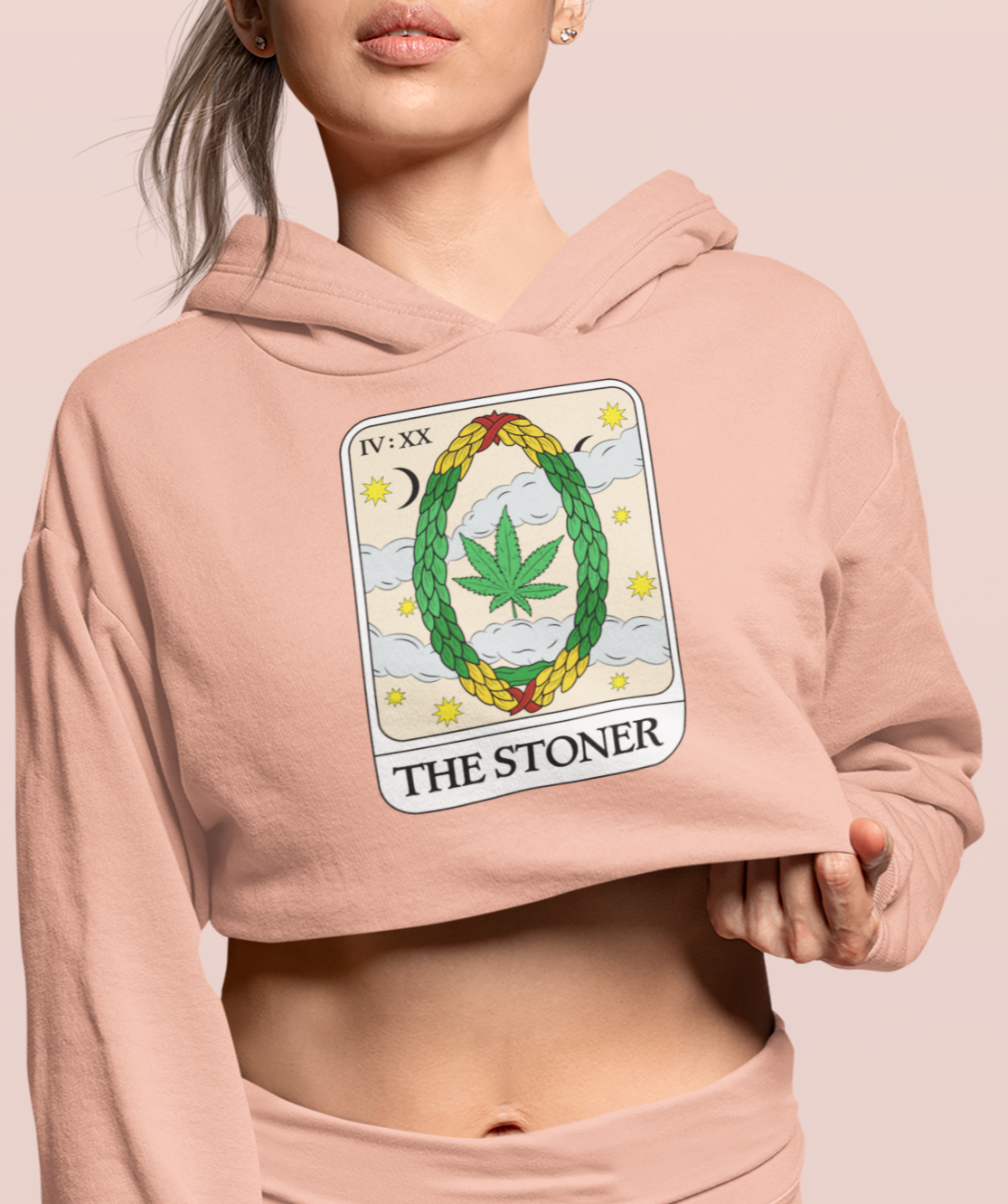 Peach crop hoodie with a tarot card and a cannabis leaf saying the stoner - HighCiti