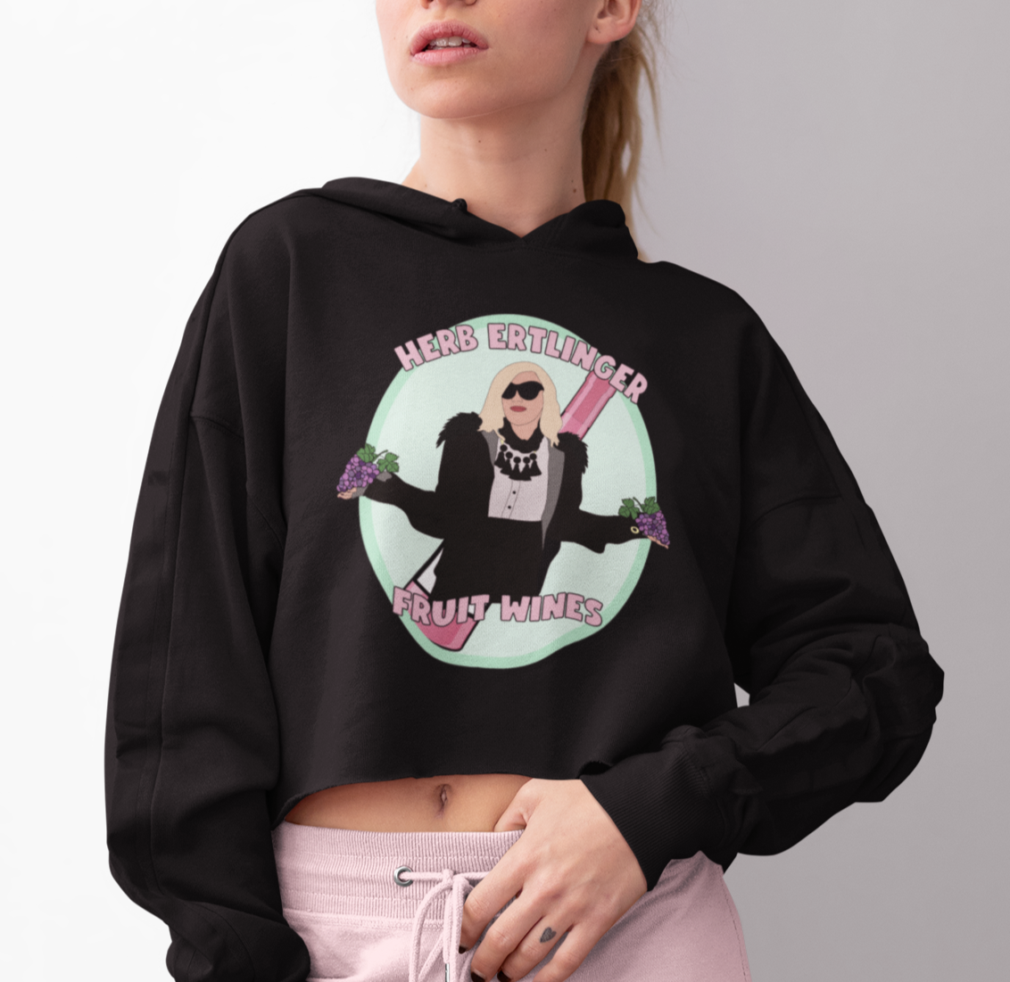 Black crop hoodie with moire rose and a bottle of wine saying herb ertlinger fruit wines - HighCiti