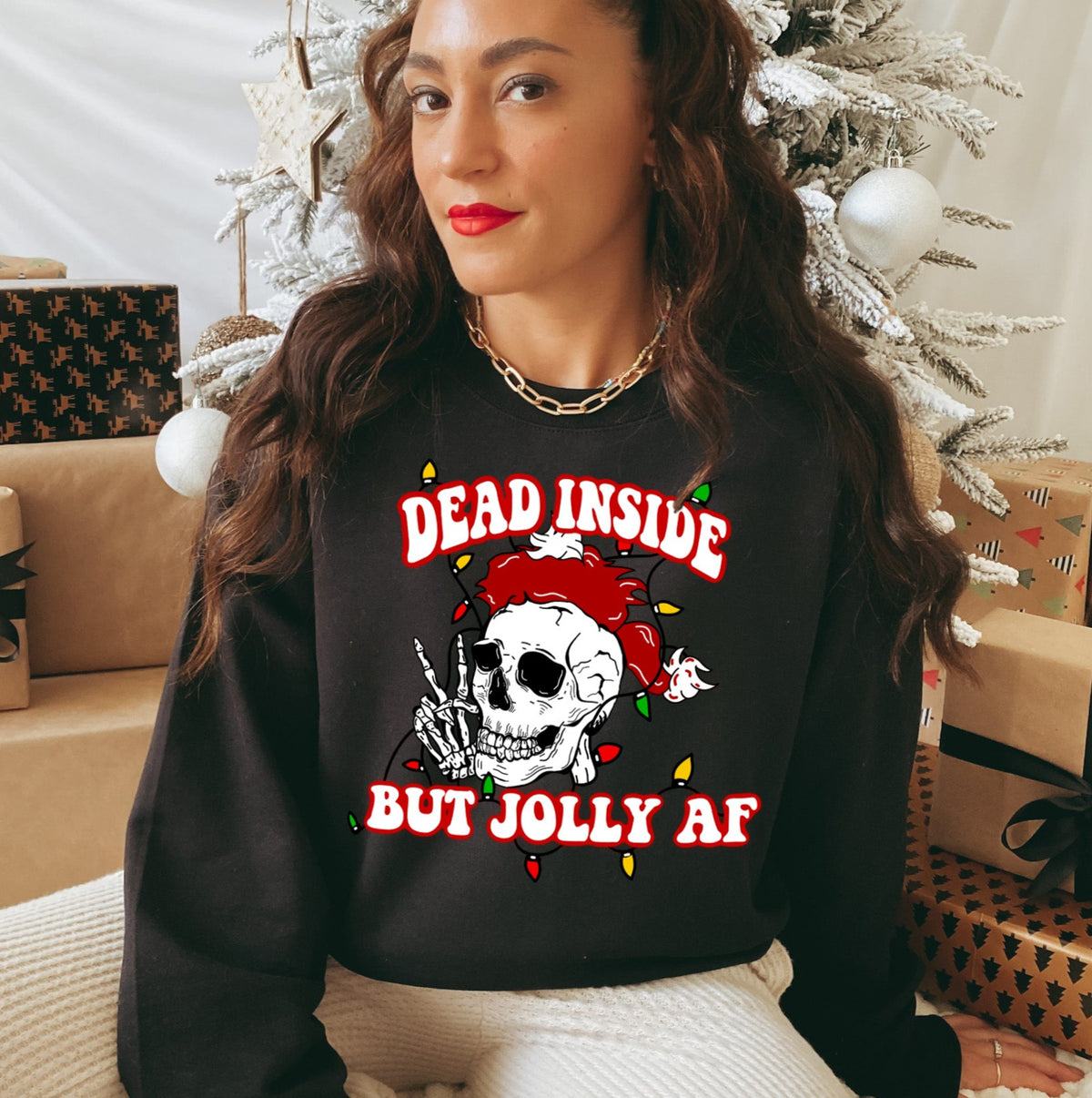 black sweater with a skull that says dead inside but jolly af - HighCiti