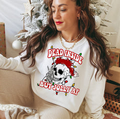white sweater with a skull that says dead inside but jolly af - HighCiti