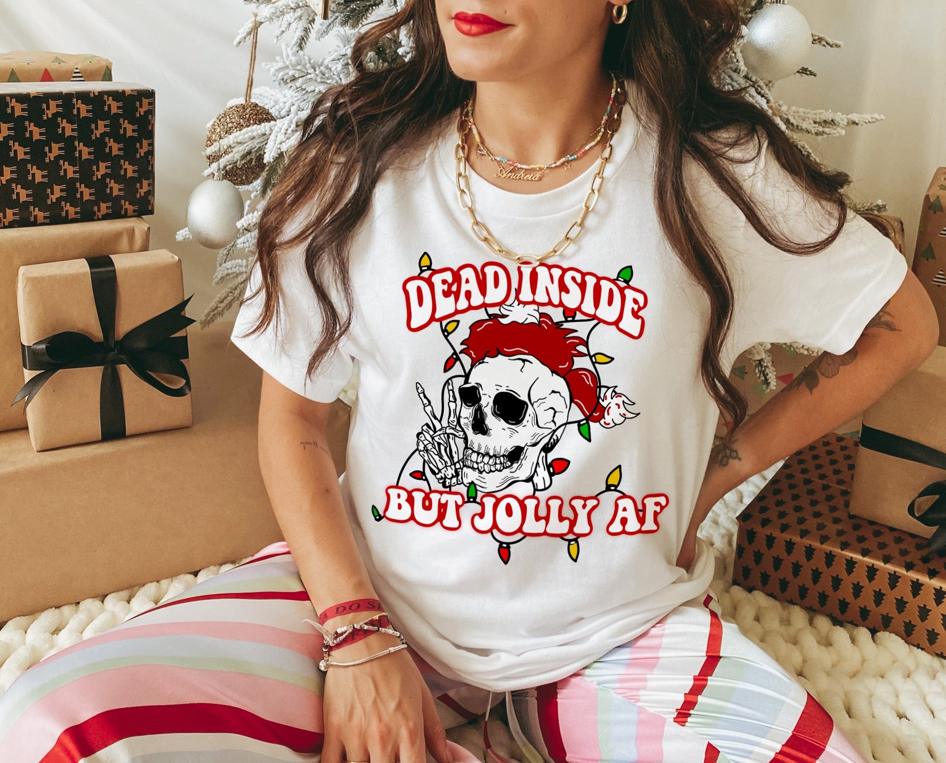 white shirt with a skull that says dead inside but jolly af - HighCiti