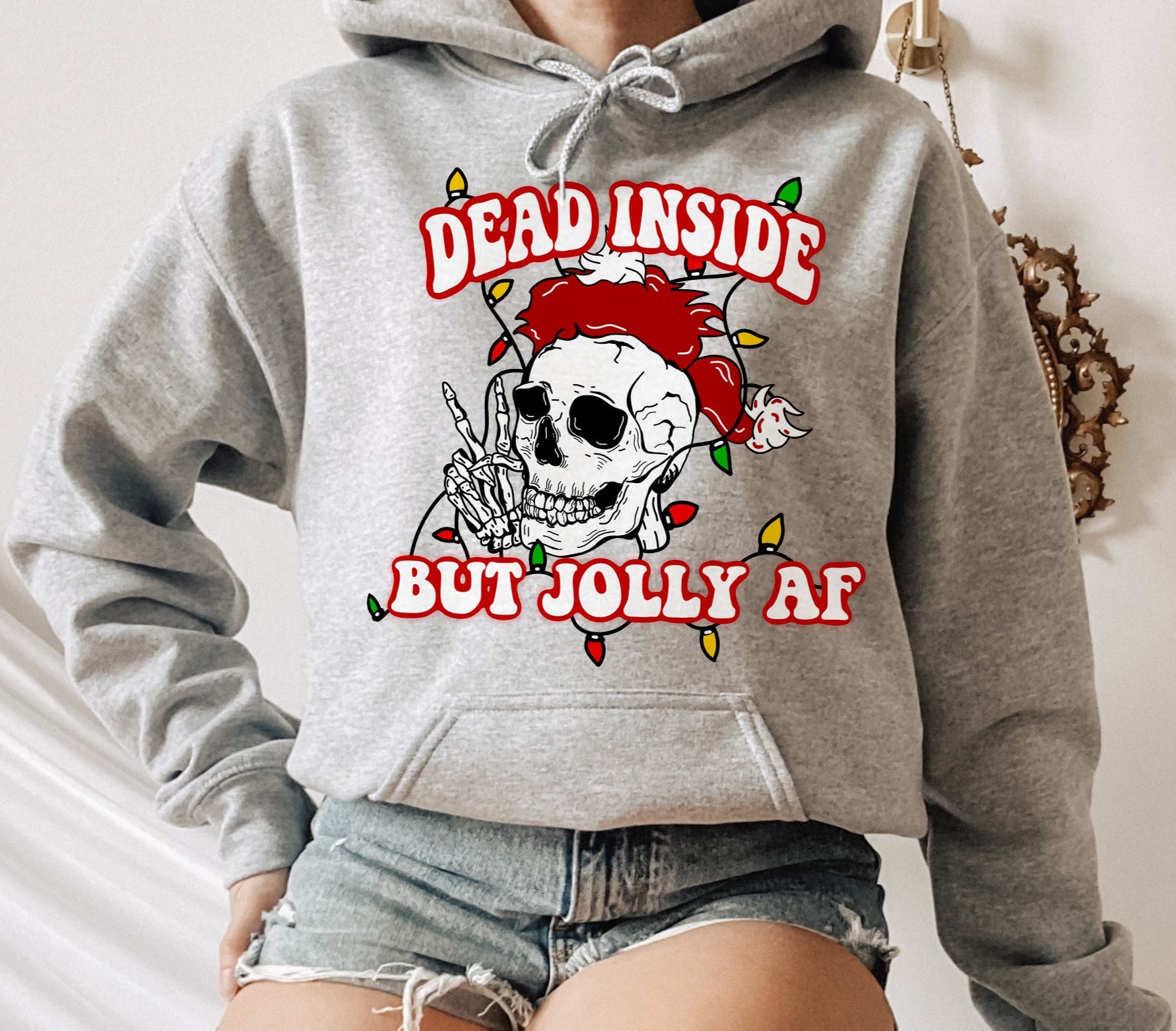 grey sweater with a skull that says dead inside but jolly af - HighCiti