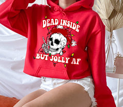red hoodie with a skull that says dead inside but jolly af - HighCiti