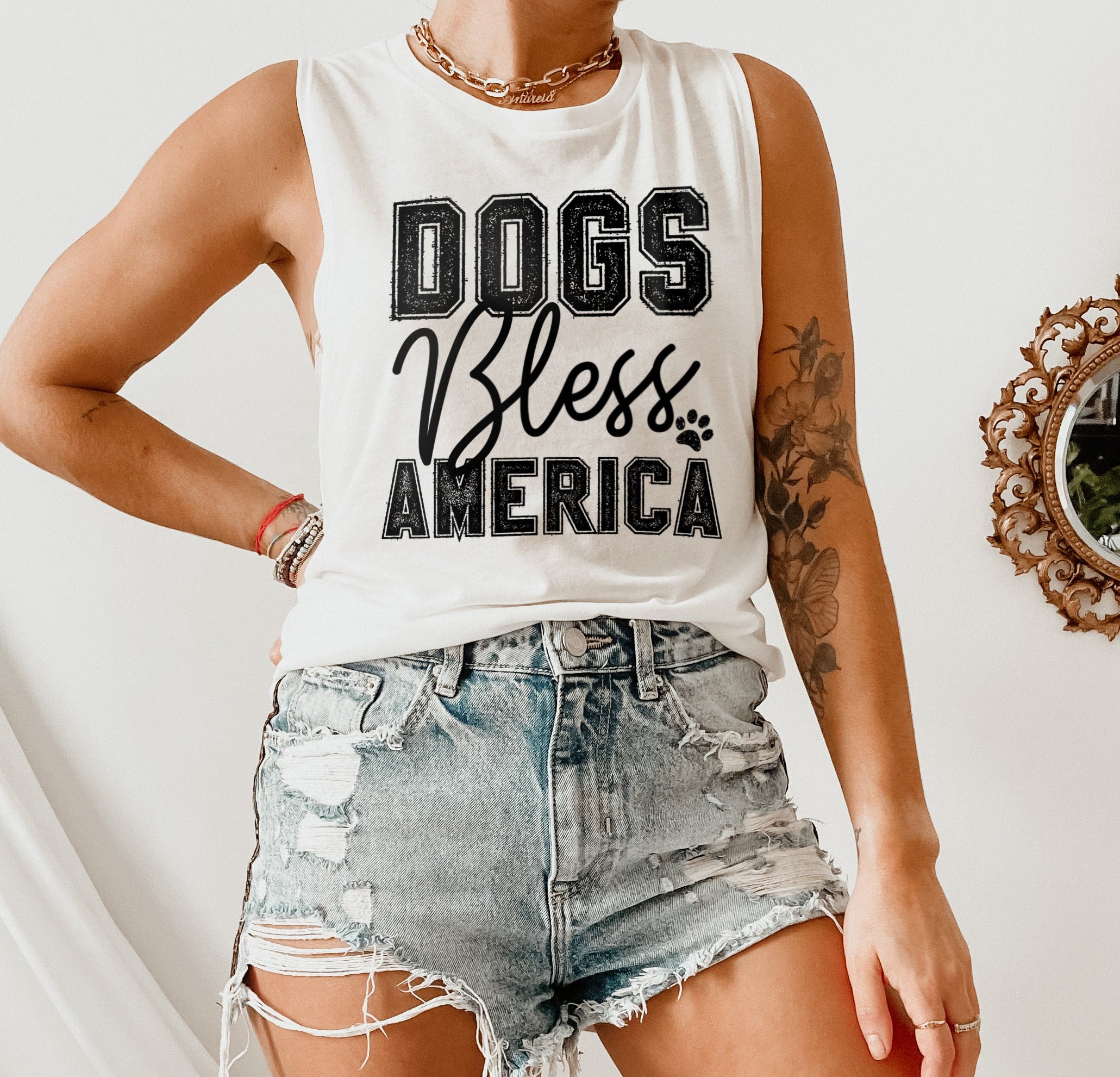 White muscle tank saying dogs bless america - HighCiti