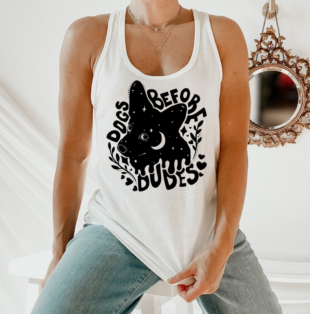 white tank top with a dog that says dogs before dudes - HighCitigrey hoodie with a dog that says dogs before dudes - HighCiti