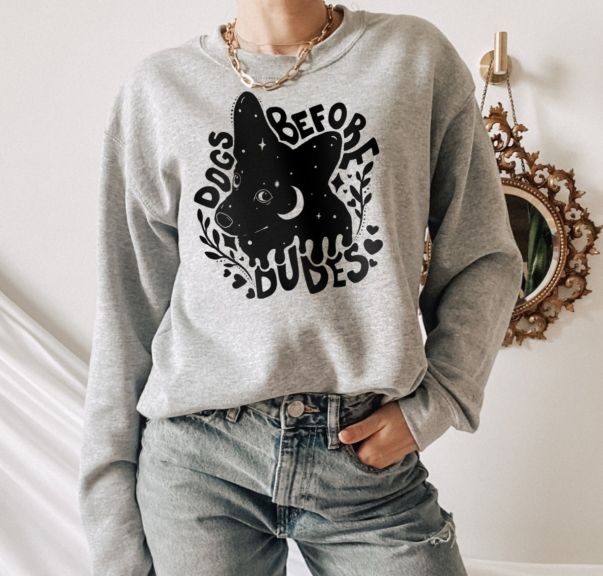 grey sweater with a dog that says dogs before dudes - HighCiti