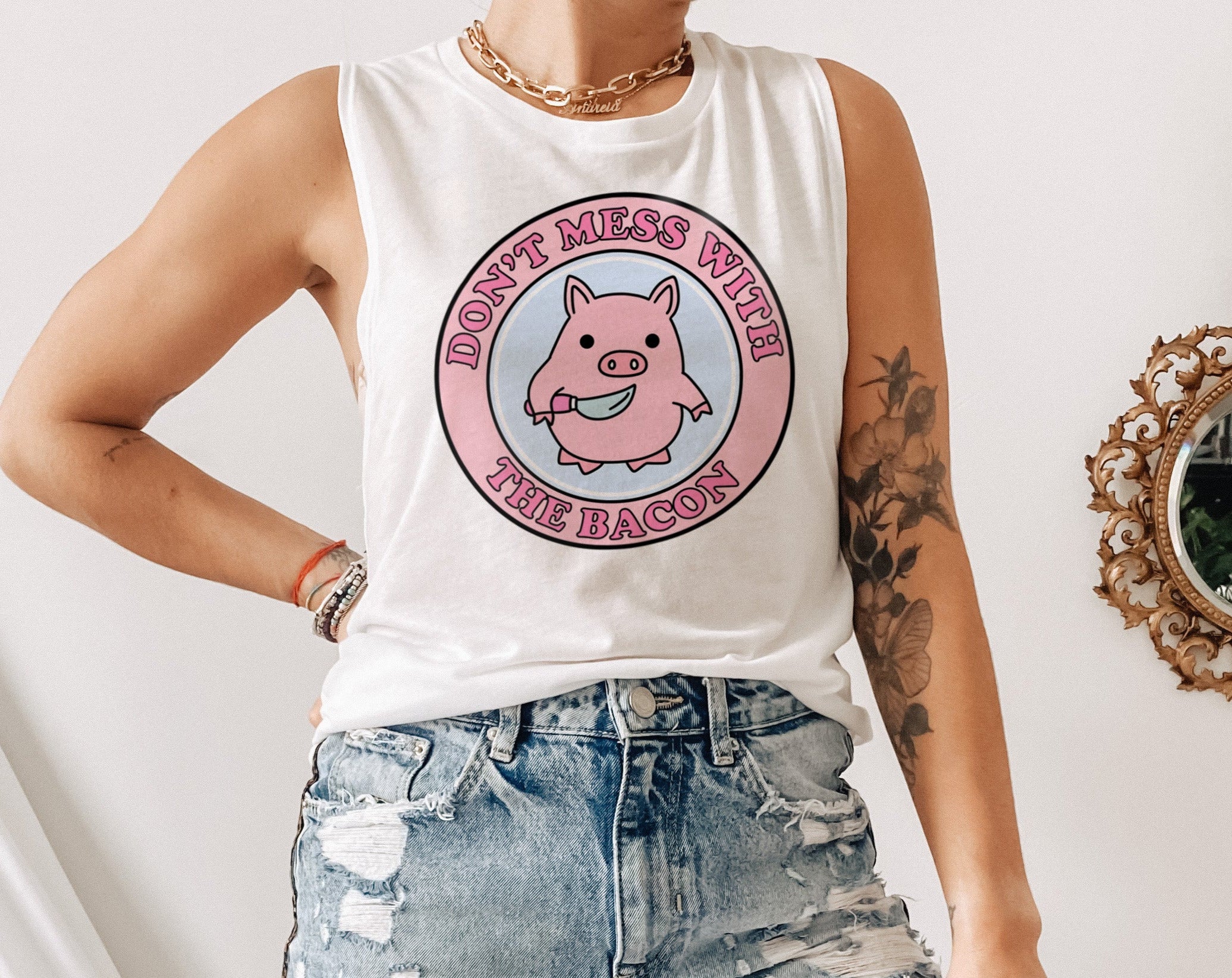 white muscle tank with a pig saying don't mess with the bacon - HighCiti