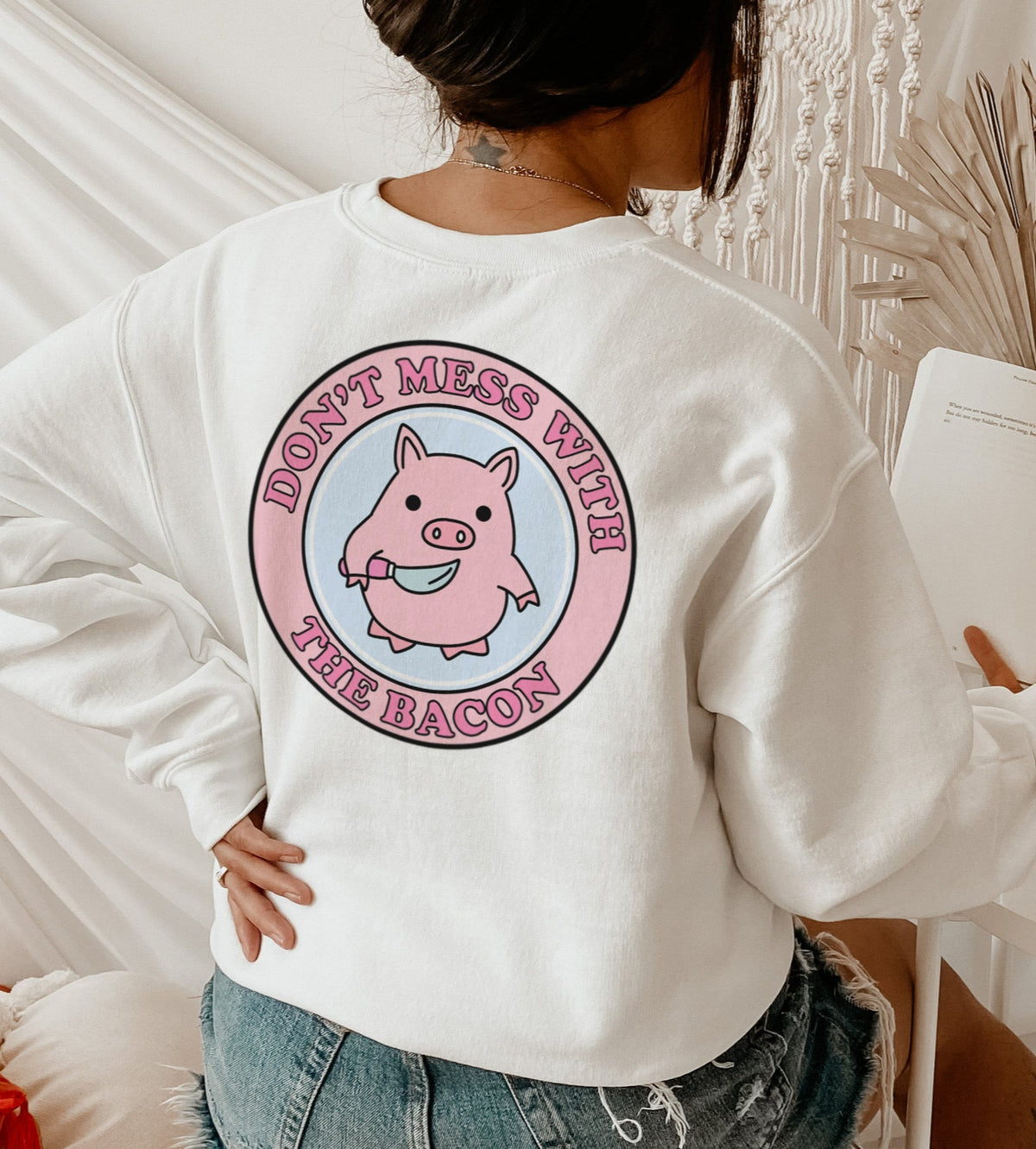 white sweater with a pig saying don't mess with the bacon - HighCiti