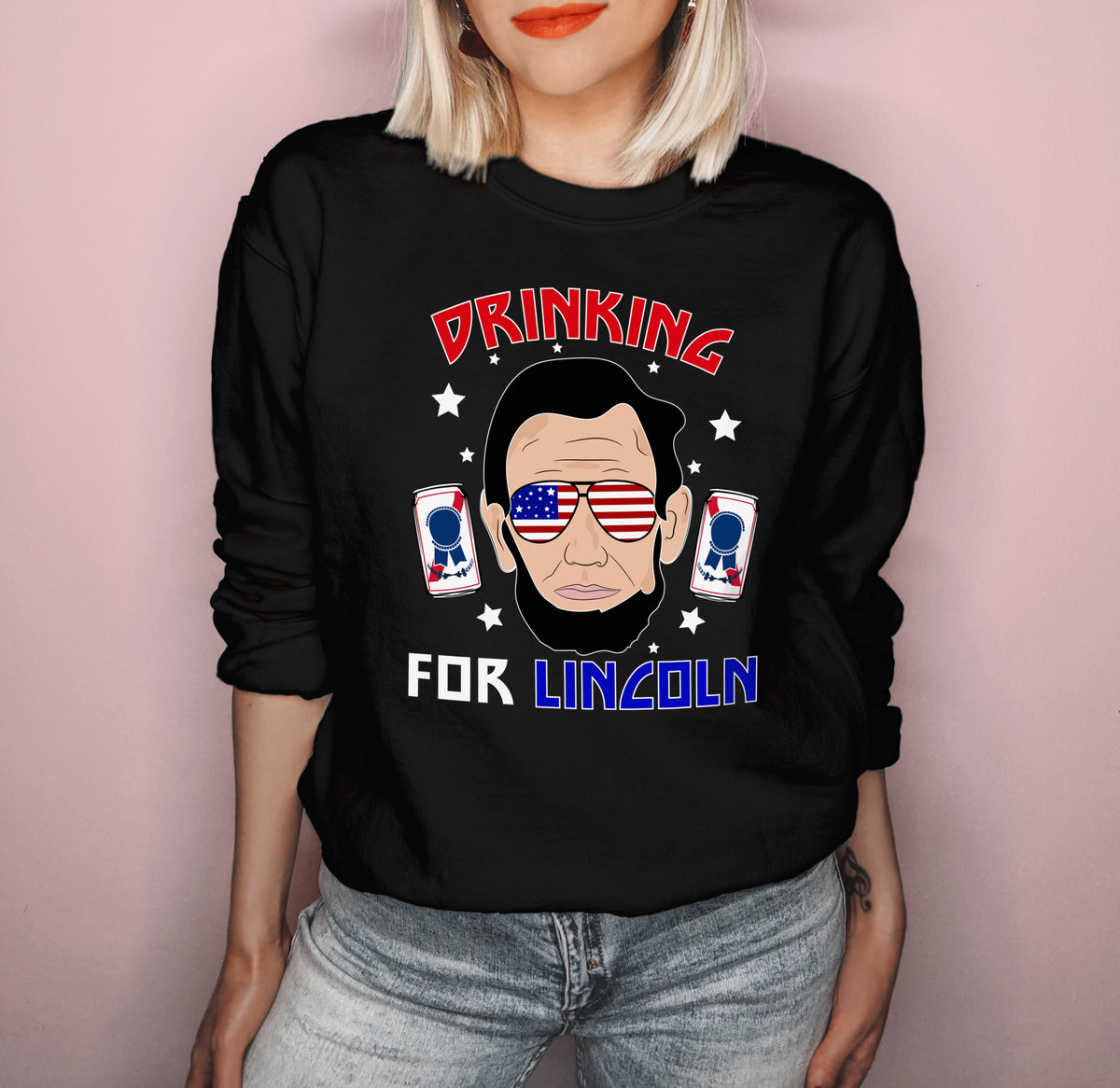 Black sweatshirt with lincoln wearing usa glasses that says drinking for lincoln - HighCiti