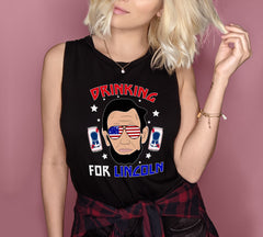 Heather black muscle tank with lincoln wearing usa glasses that says drinking for lincoln - HighCiti