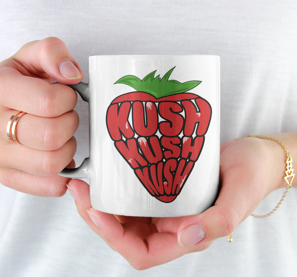 White mug with a strawberry saying kush - HighCiti