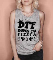 Heather grey Muscle tank with tequila and cactus that says down to fiesta - HighCiti