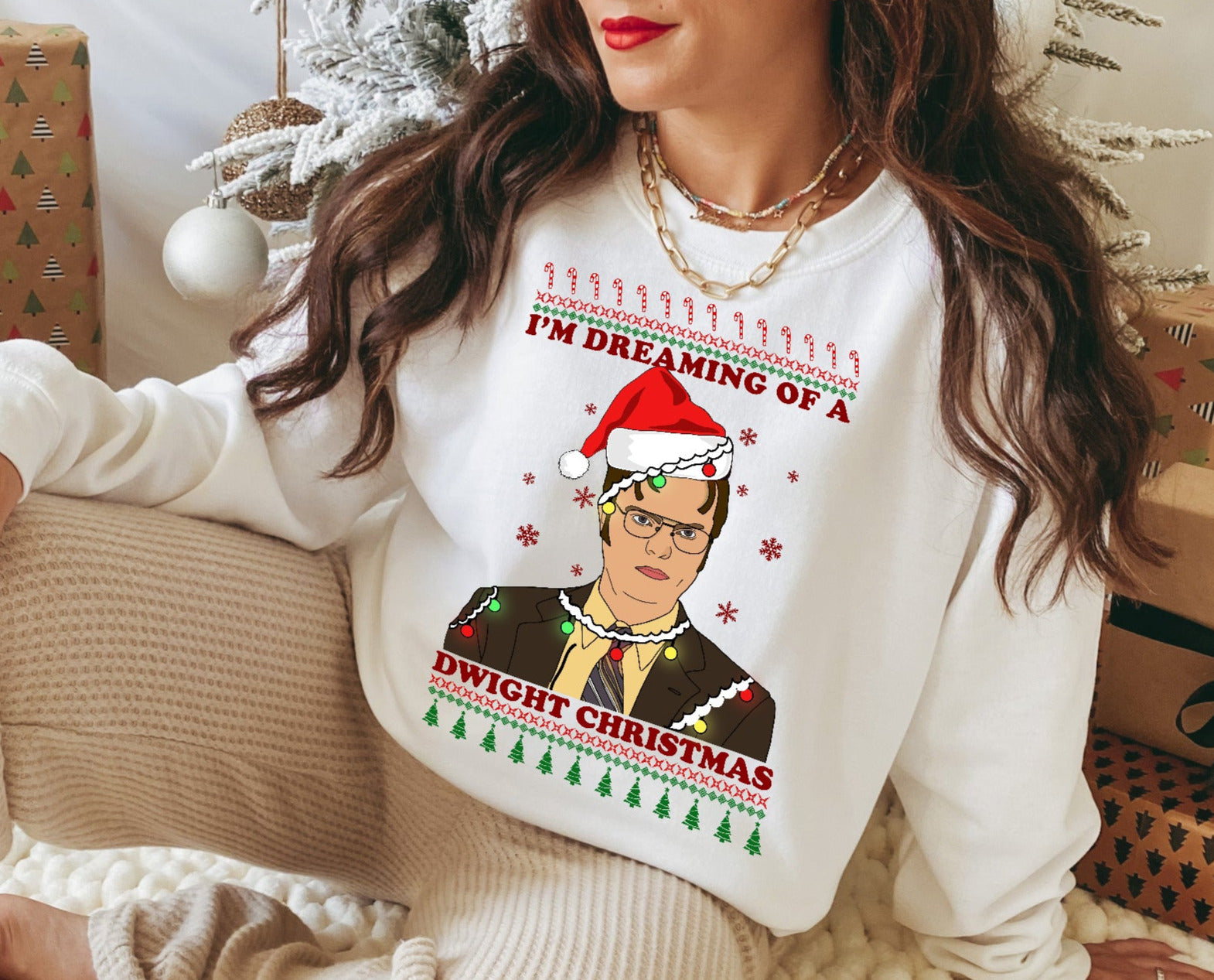 white sweatshirt with dwight from the office saying I'm dreaming of a dwight christmas - HighCiti