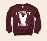 Maroon sweatshirt with a french bulldog that says excuse my french - HighCiti