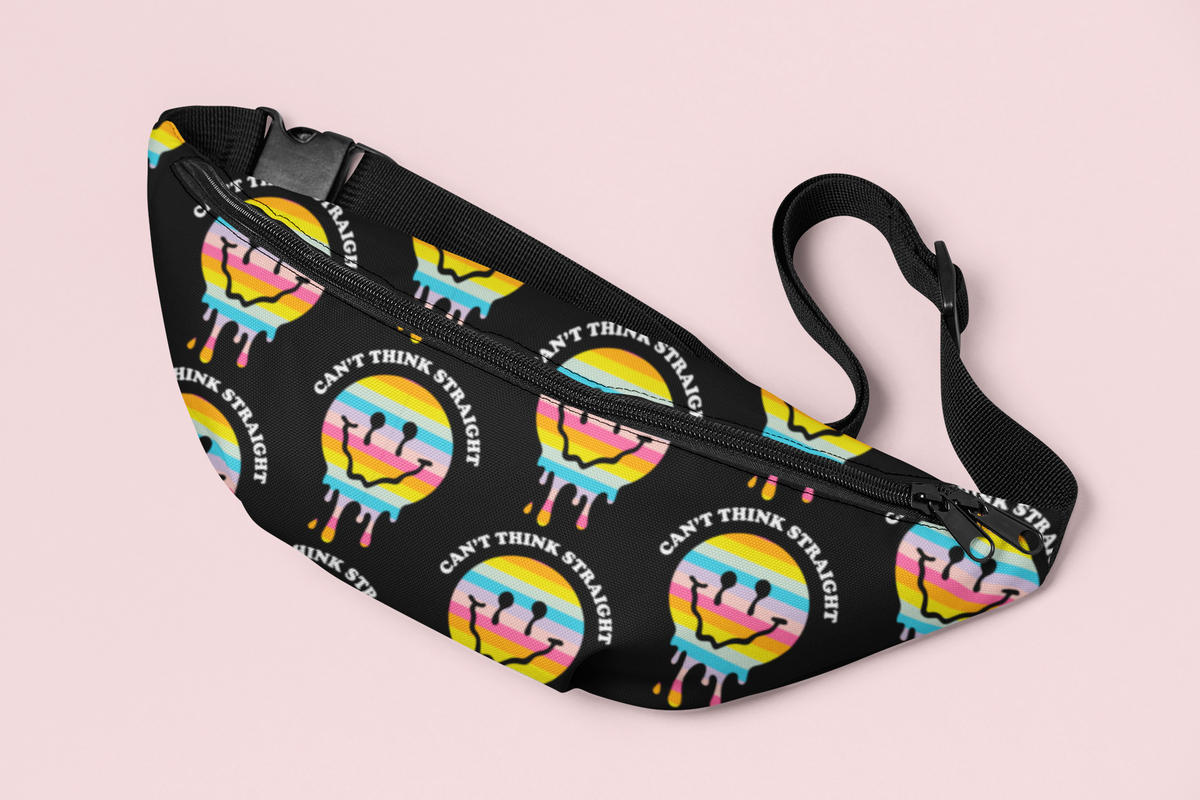 Black fanny pack with a melted smiley face saying can't think straight - HighCiti