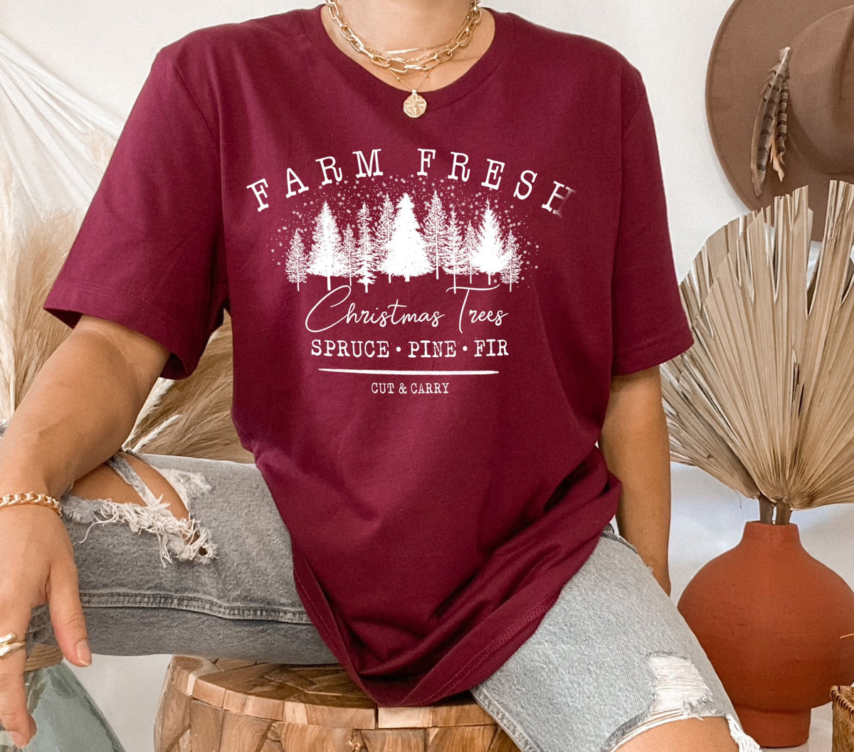 Maroon shirt that says farm frese christmas trees spruce pine fir - HighCiti