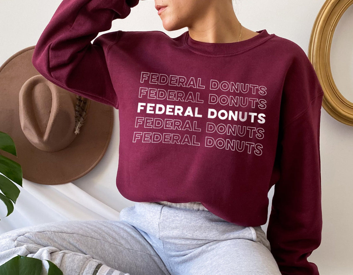 maroon sweater that says federal donuts - HighCiti