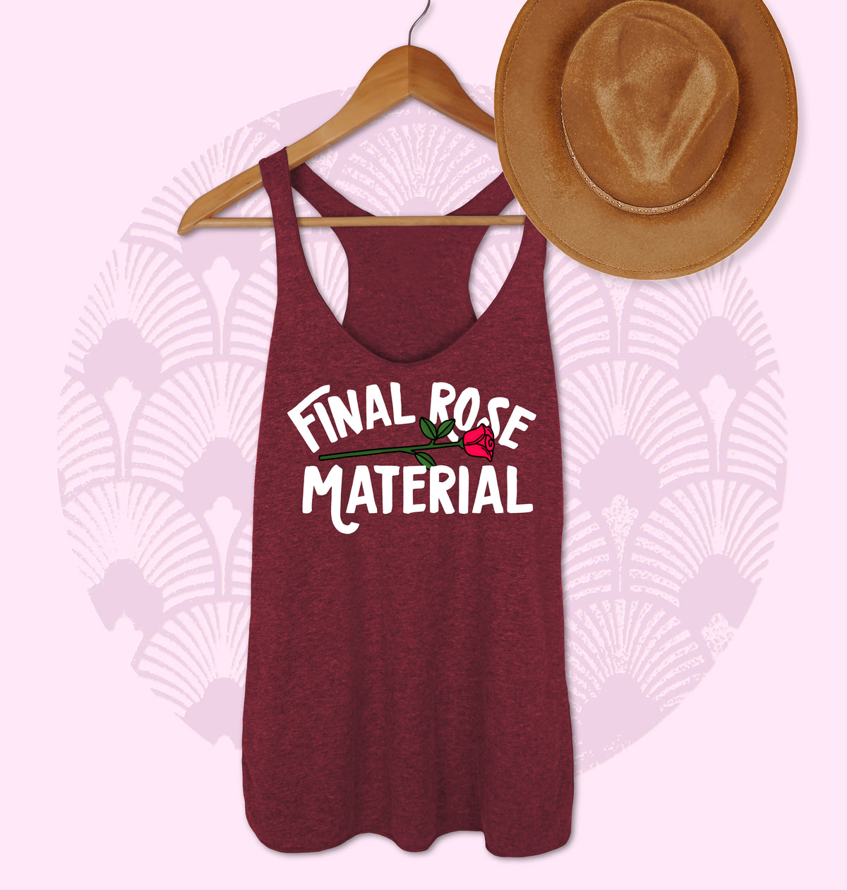 Maroon tank with a rose that says final rose material - HighCiti
