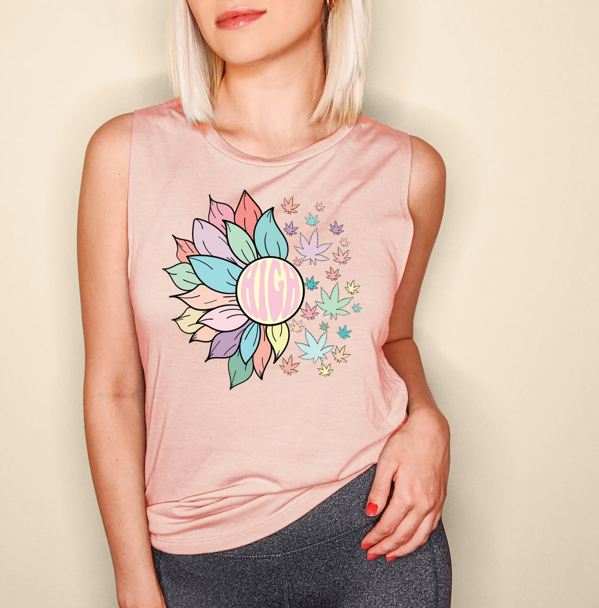 Peach mucle tank with a sunflower and weed leaf saying high - HighCiti