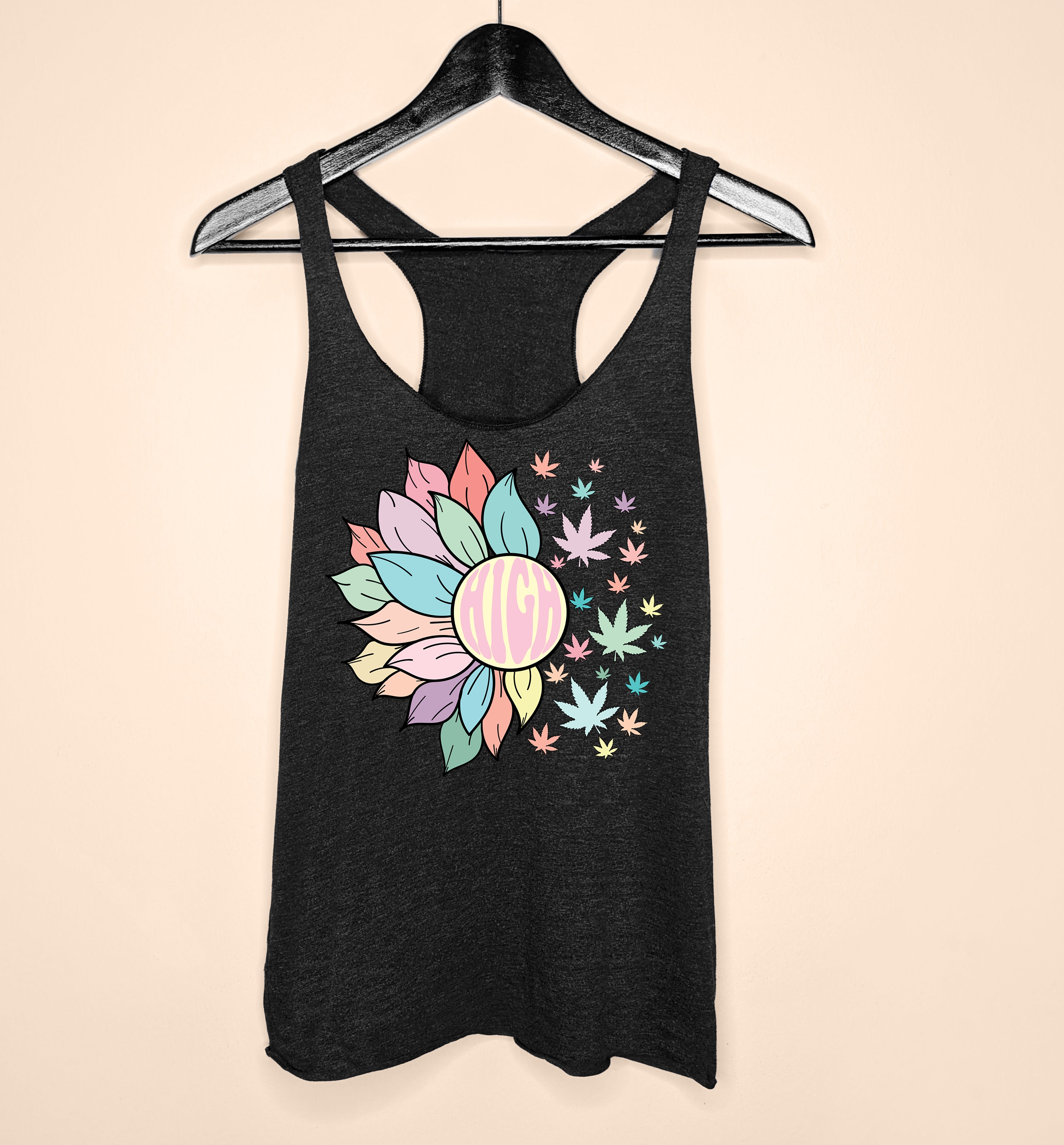 Black women's tank with a sunflower and weed leaf saying high - HighCiti