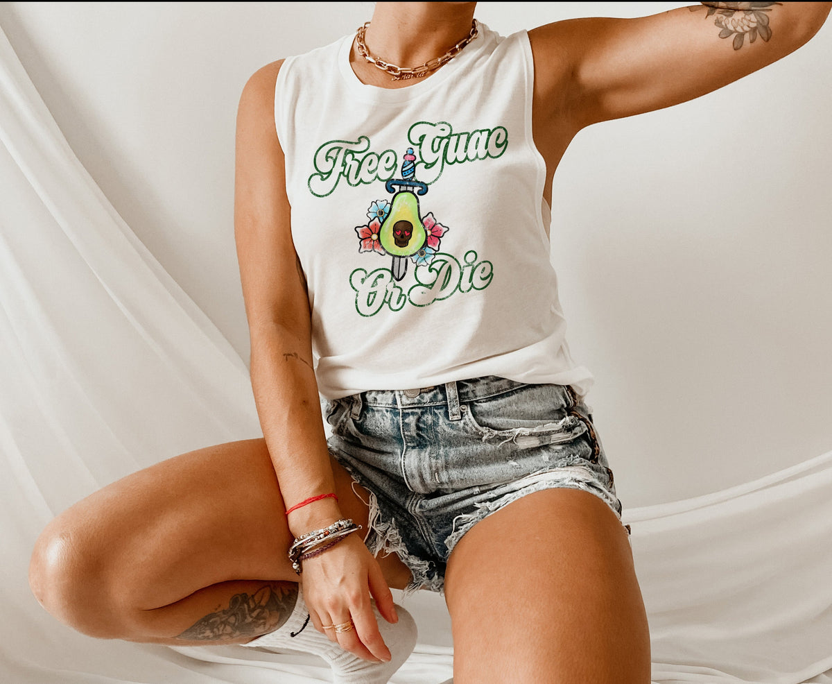 White muscle tank with an avocado saying free guac or die - HighCiti