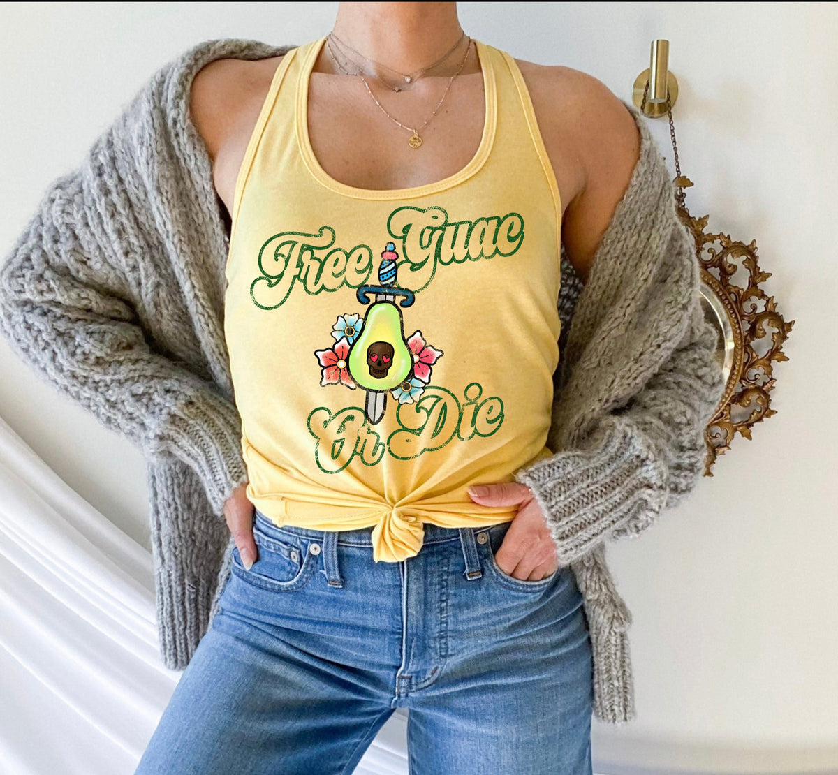 Yellow tank top with an avocado saying free guac or die - HighCiti
