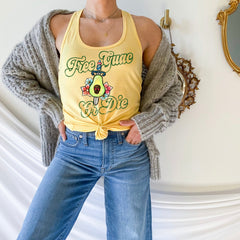 Yellow tank top with an avocado saying free guac or die - HighCiti